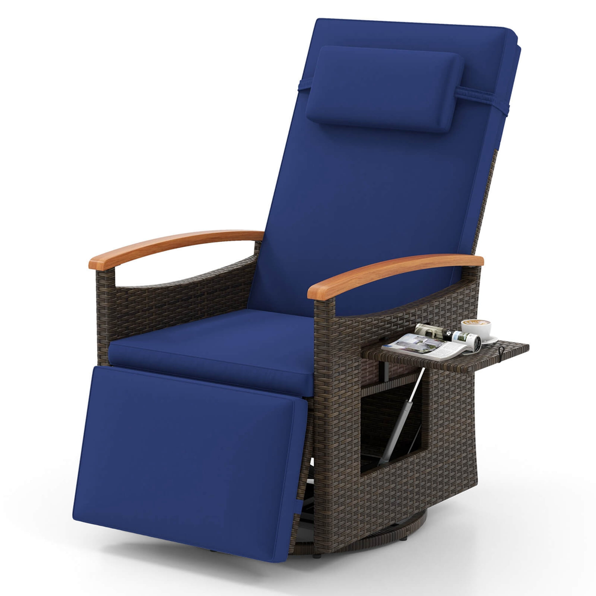 Costway Outdoor 360° Swivel Rattan Recliner Chair Patio Wicker Chaise Lounge Chair Navy - Image 5