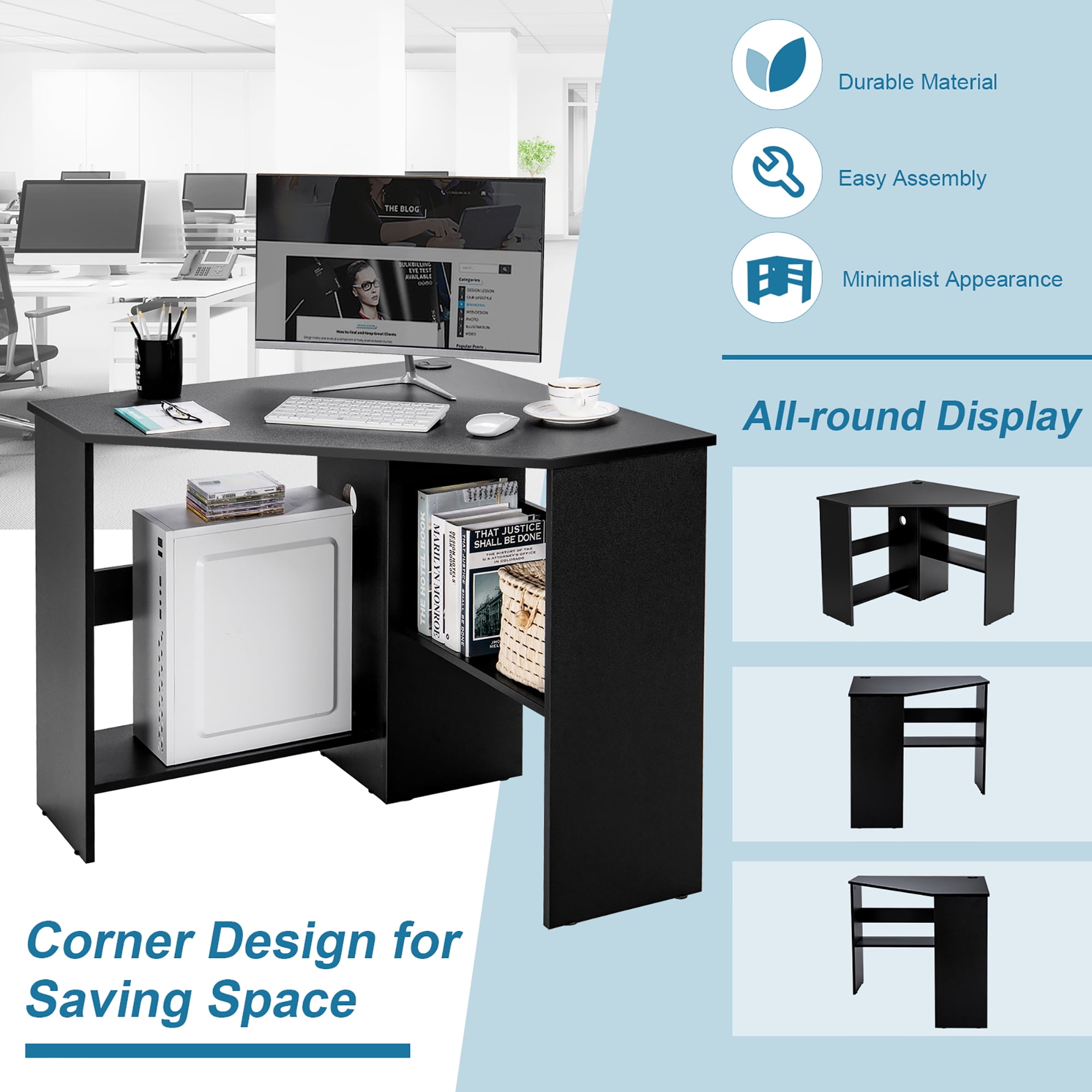 Costway Corner Computer Desk Triangle Writing Workstation w/ Storage Shelf Black - Image 8
