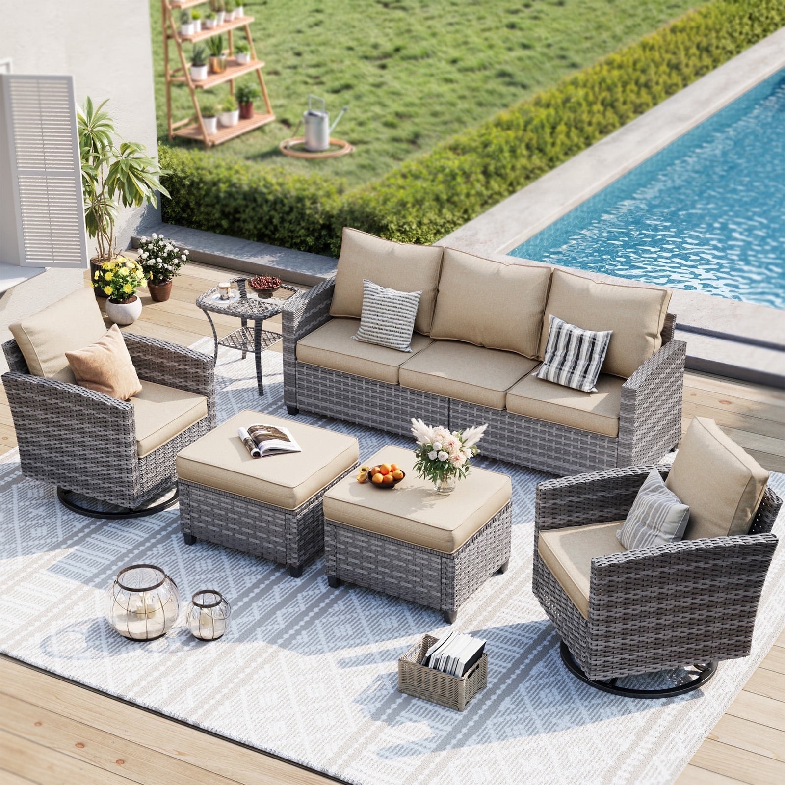 ELPOSUN Patio Furniture Set, 6 Pieces Outdoor Patio Set, All-Weather Wicker Rattan Outdoor Furniture Set with Swivel Chairs for Poolside, Backyard, Gray Wicker Khaki Cushions - Image 4
