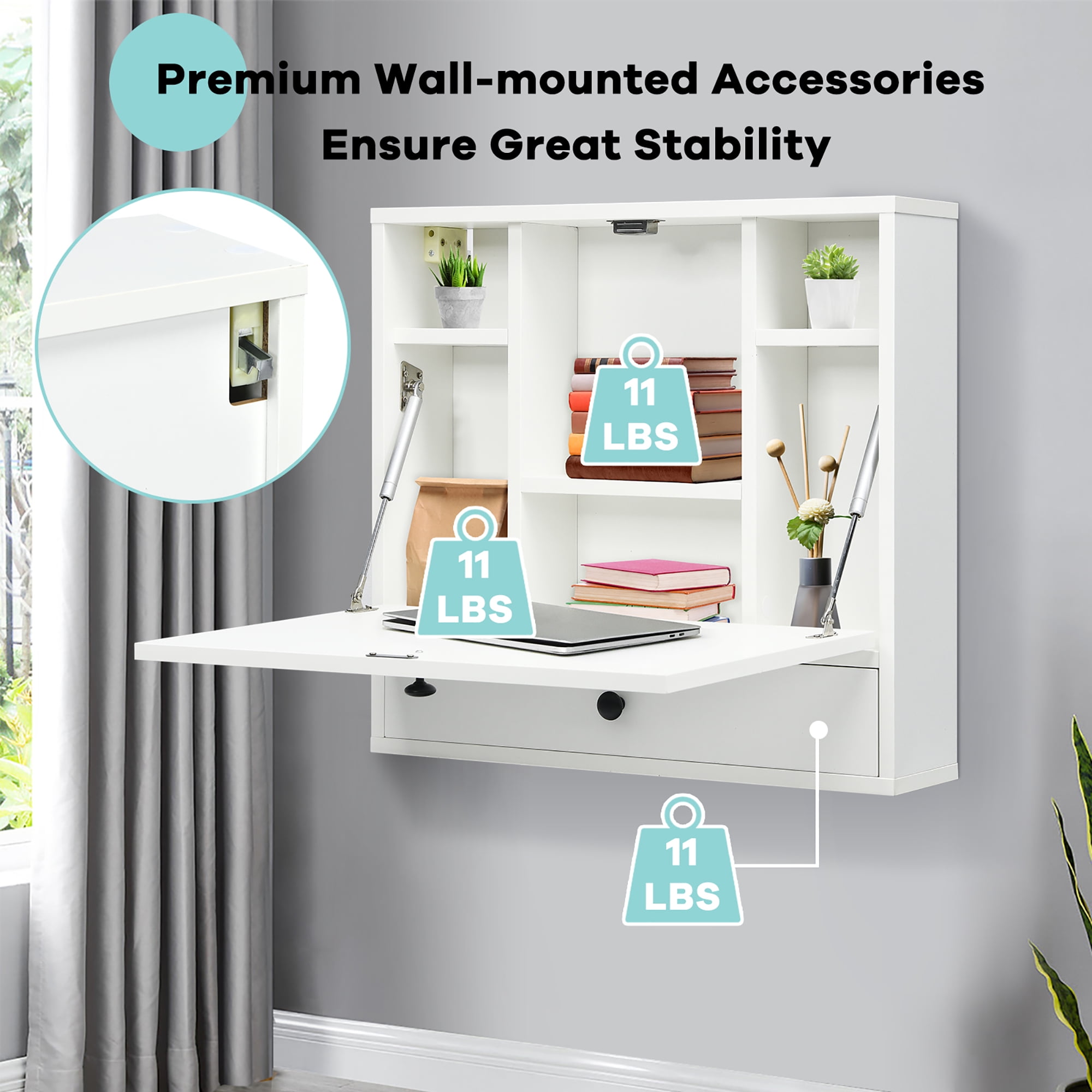 Costway Wall-Mount Floating Desk Foldable Space Saving Laptop Workstation White - Image 3