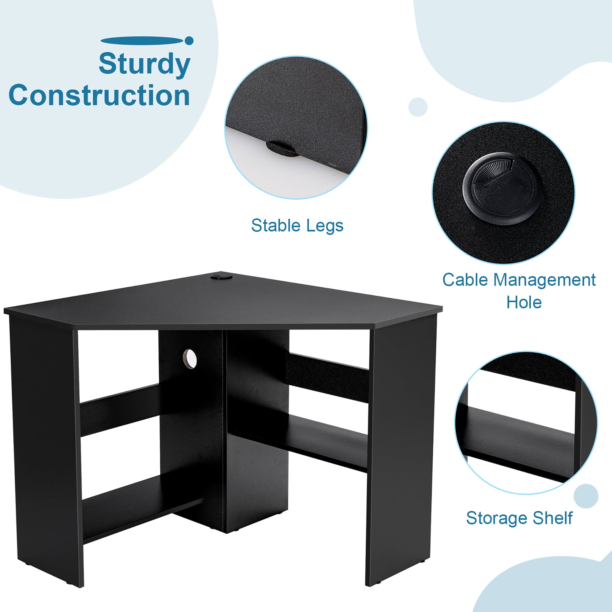 Costway Corner Computer Desk Triangle Writing Workstation w/ Storage Shelf Black - Image 11