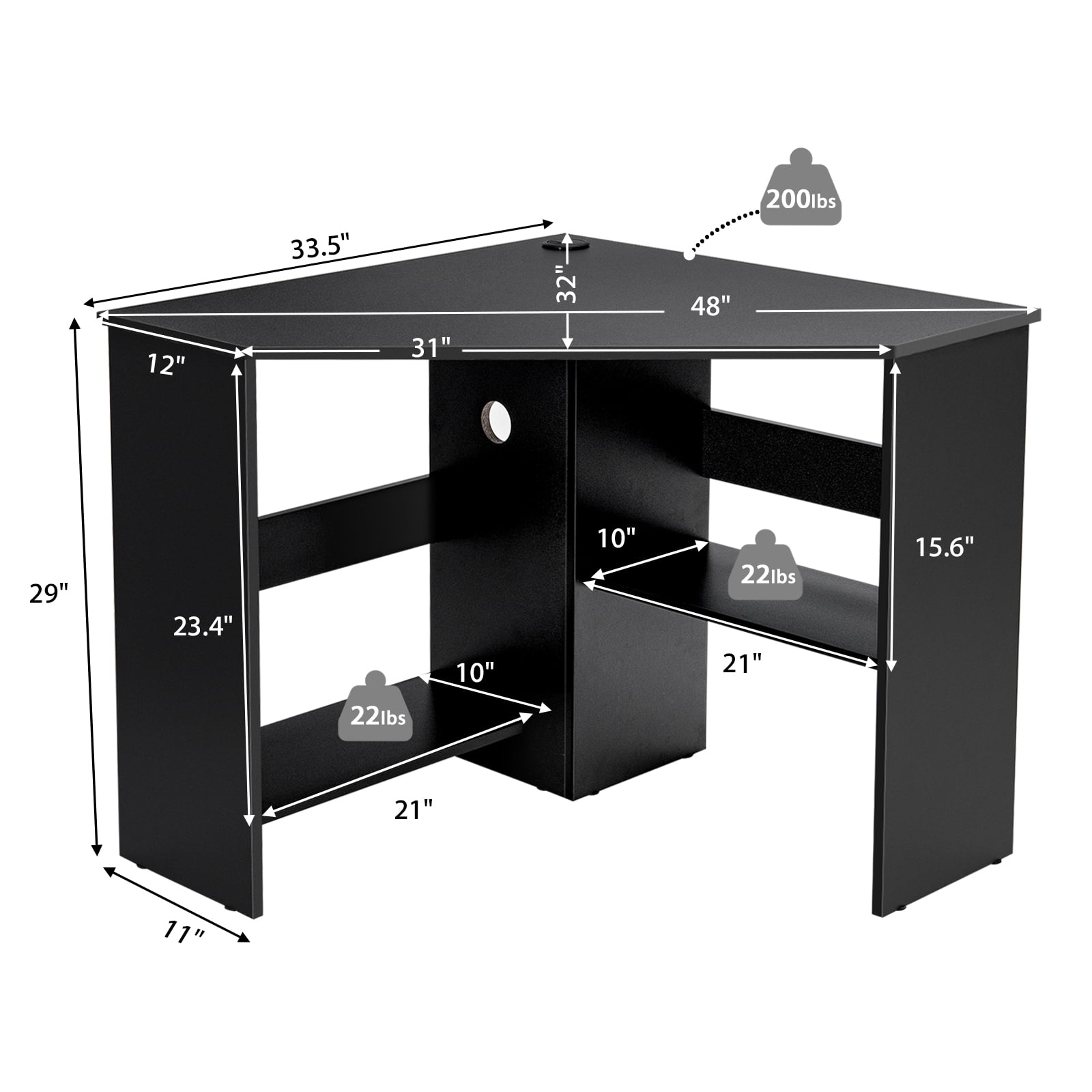 Costway Corner Computer Desk Triangle Writing Workstation w/ Storage Shelf Black - Image 9