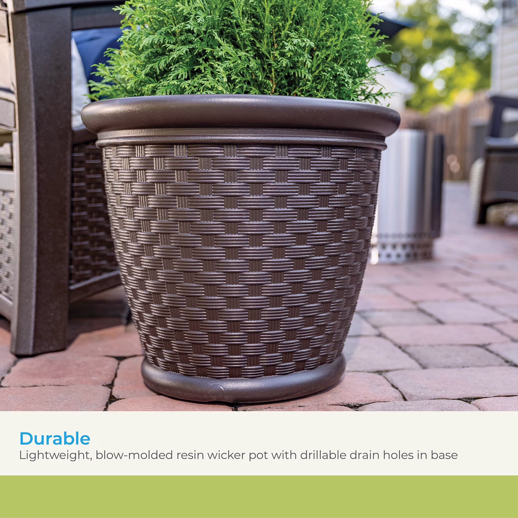 Suncast Sonora 22 Inch Resin Wicker Decorative Garden Flower Planter, Brown - Image 3