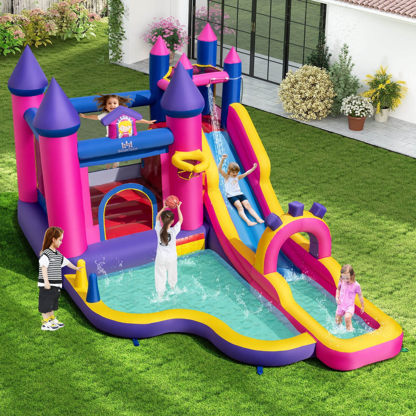 Costway Inflatable Water Slide with Climbing Wall Basketball Hoop Splash Pool 680W Blower - Image 4