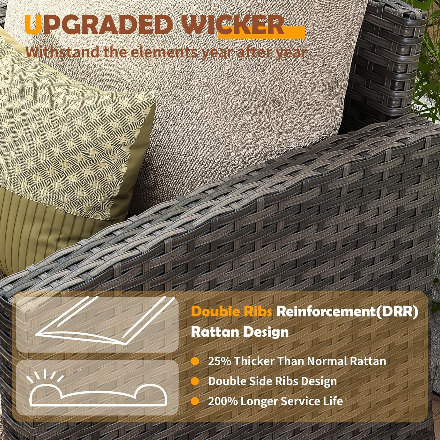 ELPOSUN Patio Furniture Set, 6 Pieces Outdoor Patio Set, All-Weather Wicker Rattan Outdoor Furniture Set with Swivel Chairs for Poolside, Backyard, Gray Wicker Khaki Cushions - Image 10
