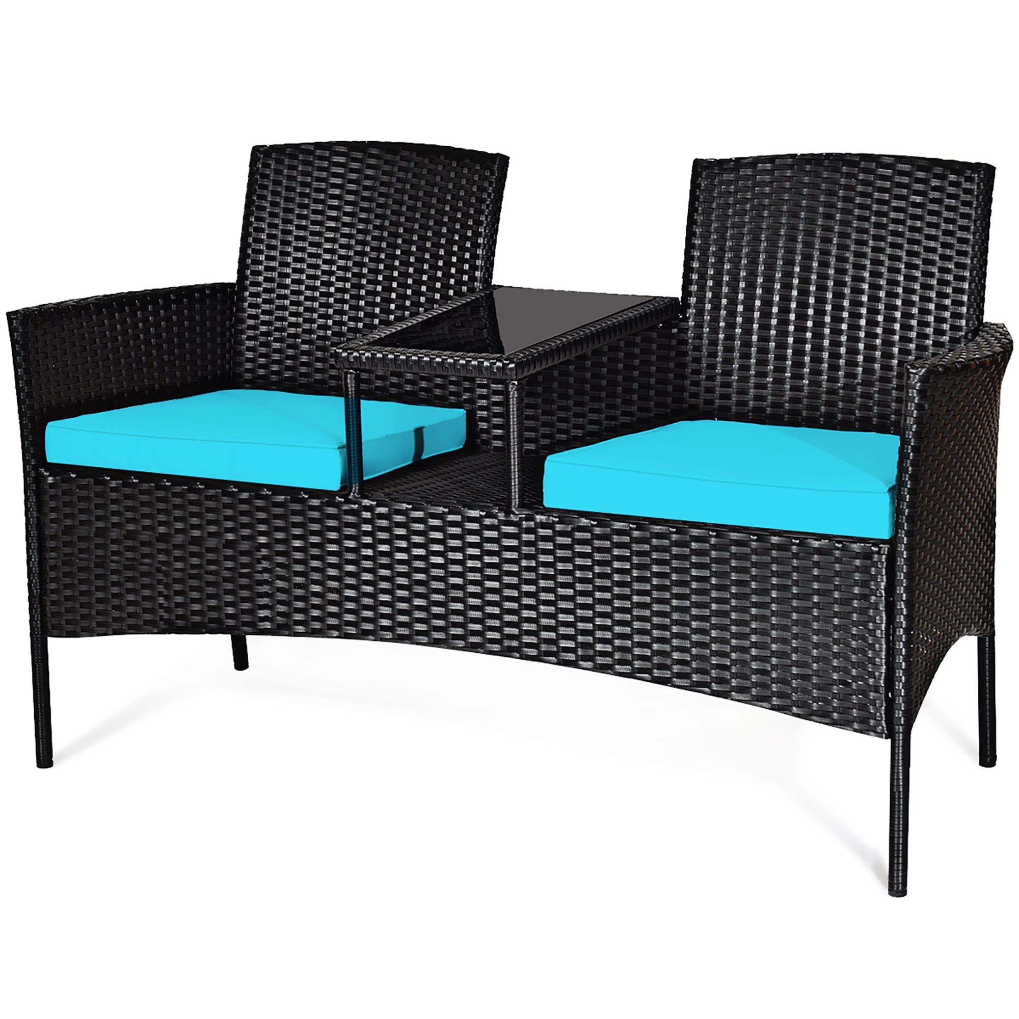 Costway Patio Rattan Conversation Set Seat Sofa Cushioned Loveseat Chairs Turquoise - Image 4