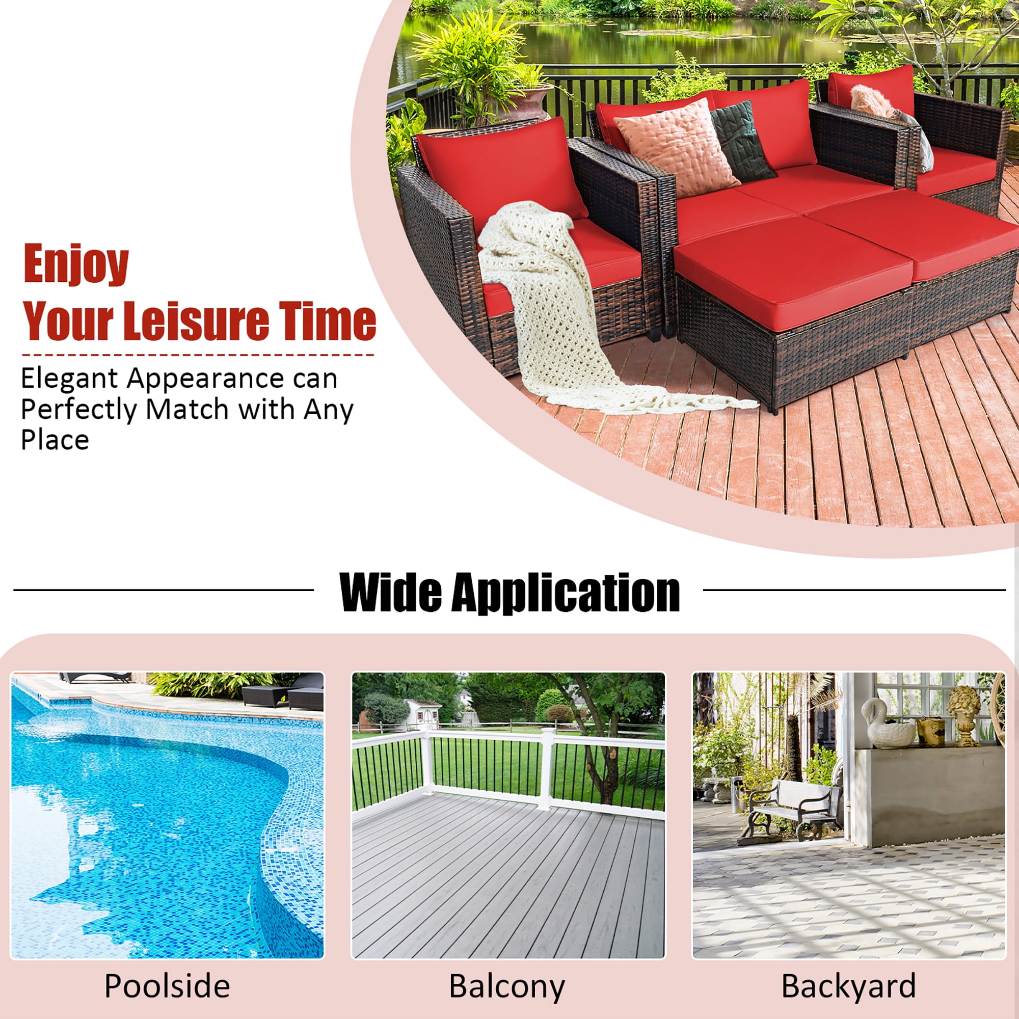 Costway 5PCS Patio Rattan Furniture Set Loveseat Sofa Ottoman Cushioned Red - Image 5