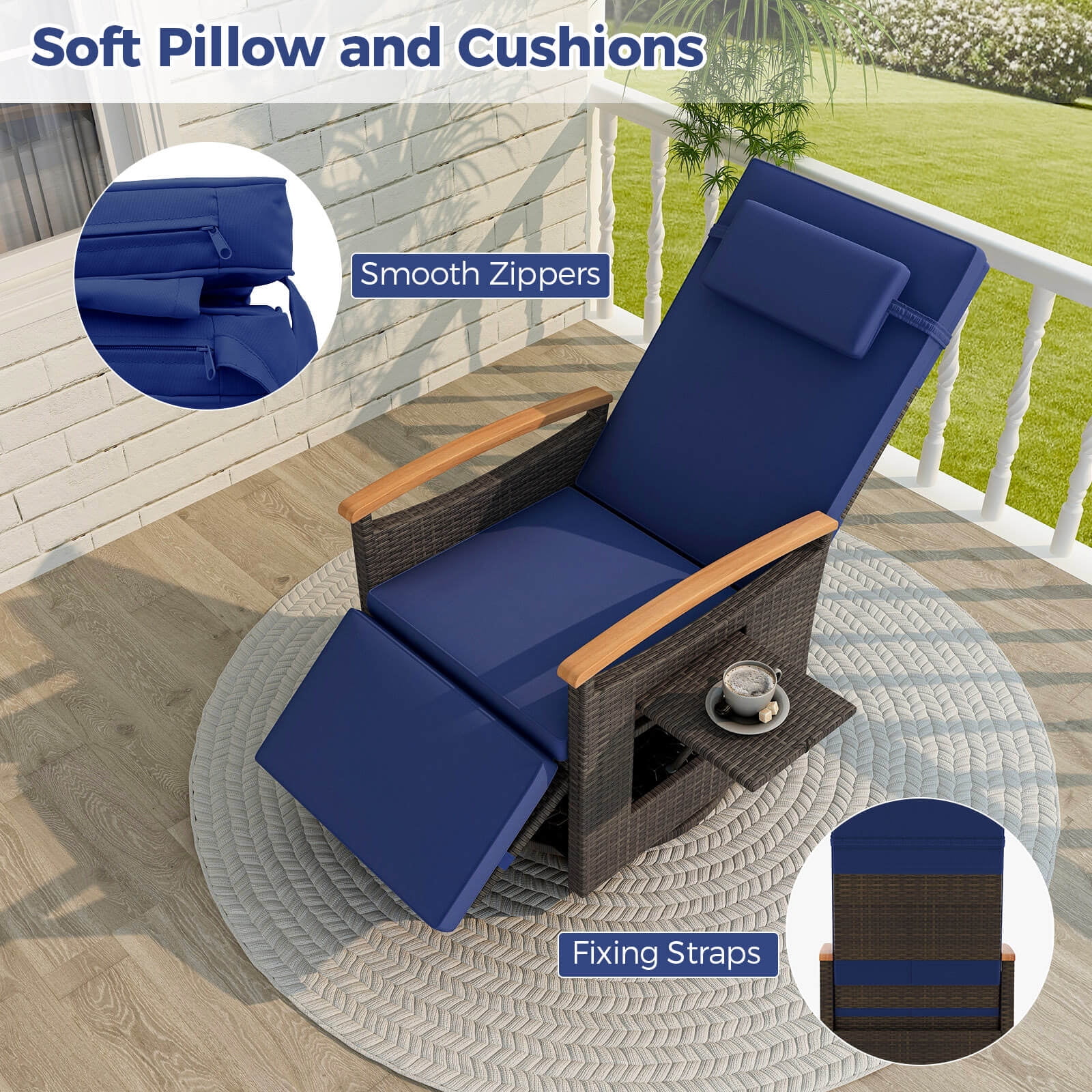 Costway Outdoor 360° Swivel Rattan Recliner Chair Patio Wicker Chaise Lounge Chair Navy - Image 6