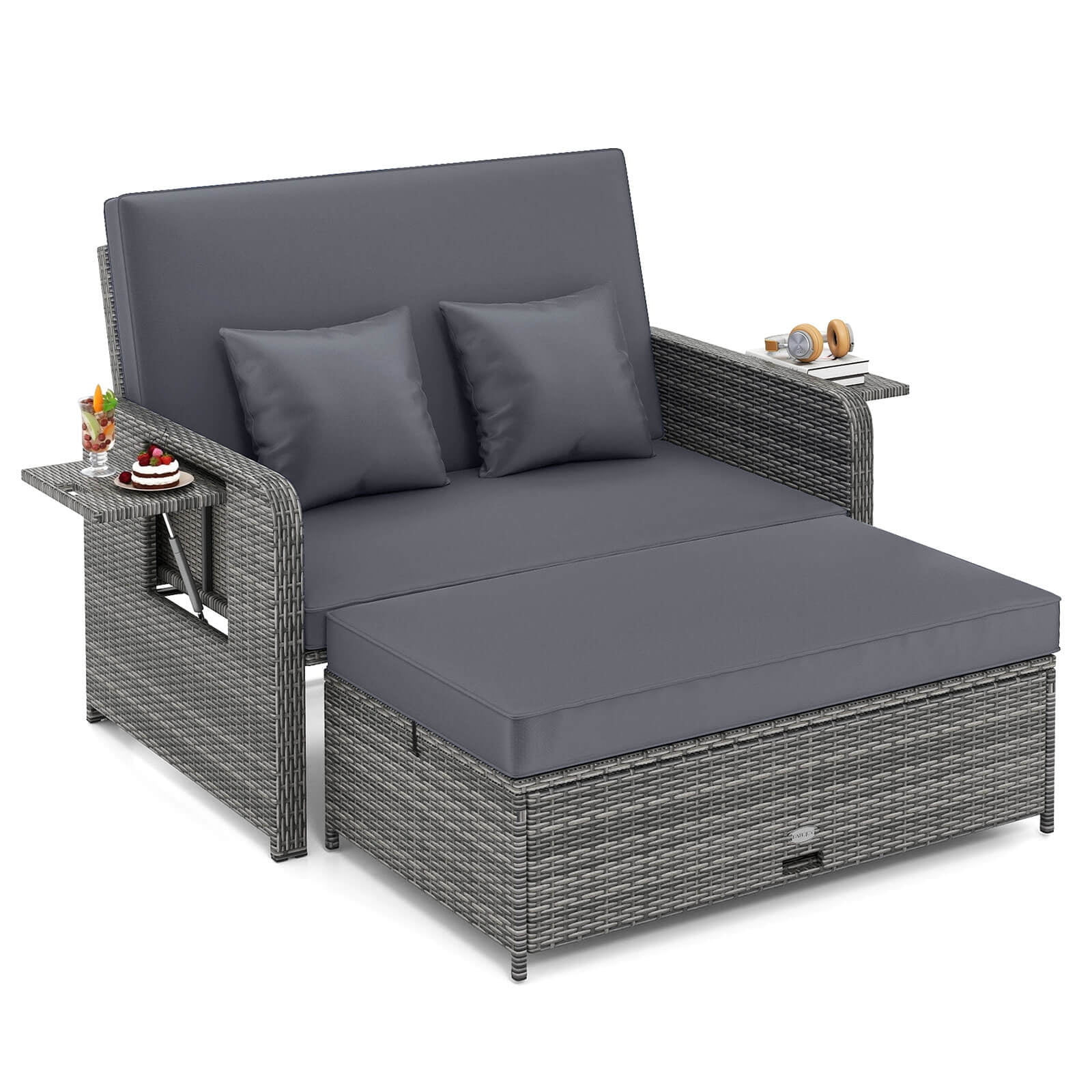 Costway Wicker Outdoor Patio Dining Set with Ottoman and Retractable Side Tray, Gray - Image 6