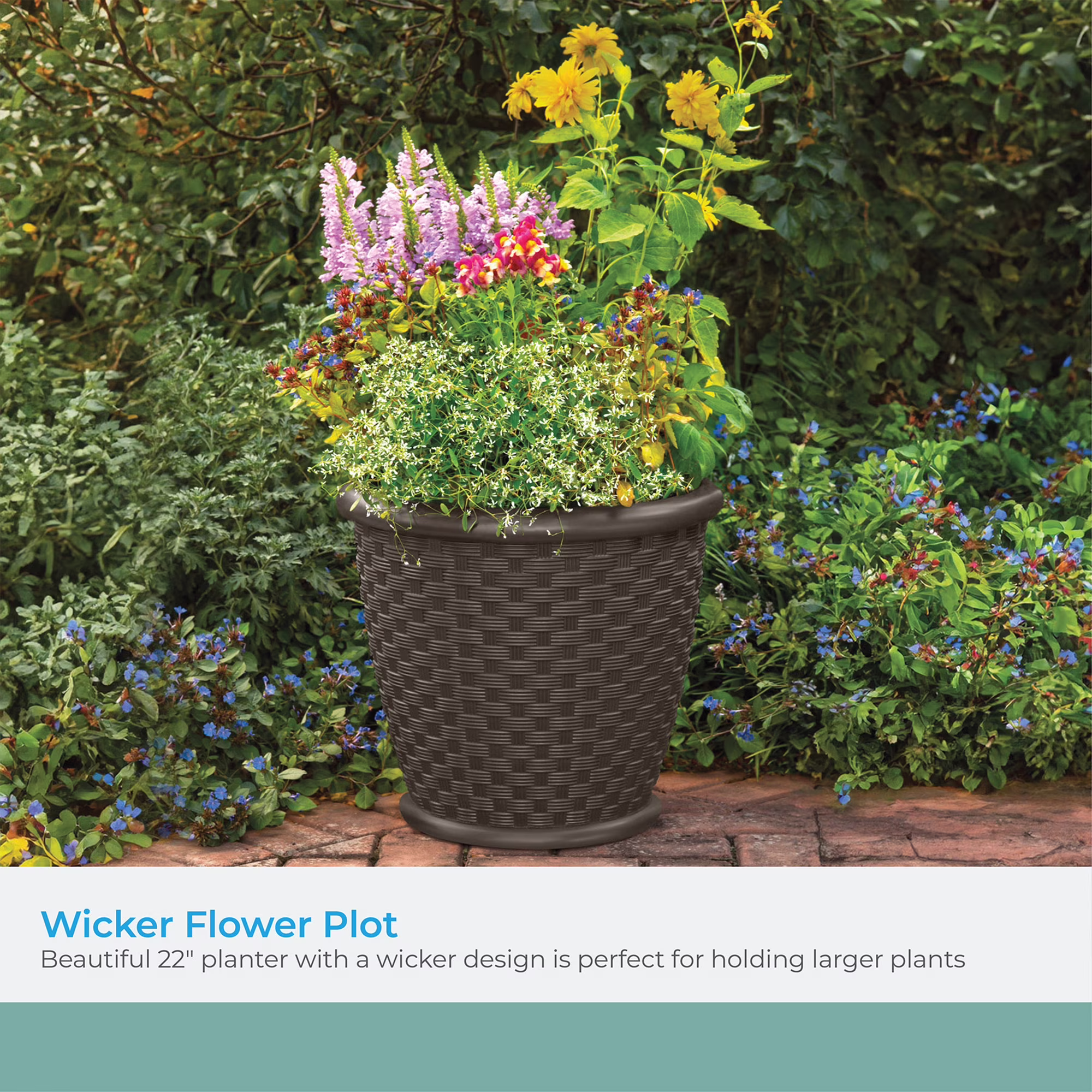 Suncast Sonora 22 Inch Resin Wicker Decorative Garden Flower Planter, Brown - Image 5