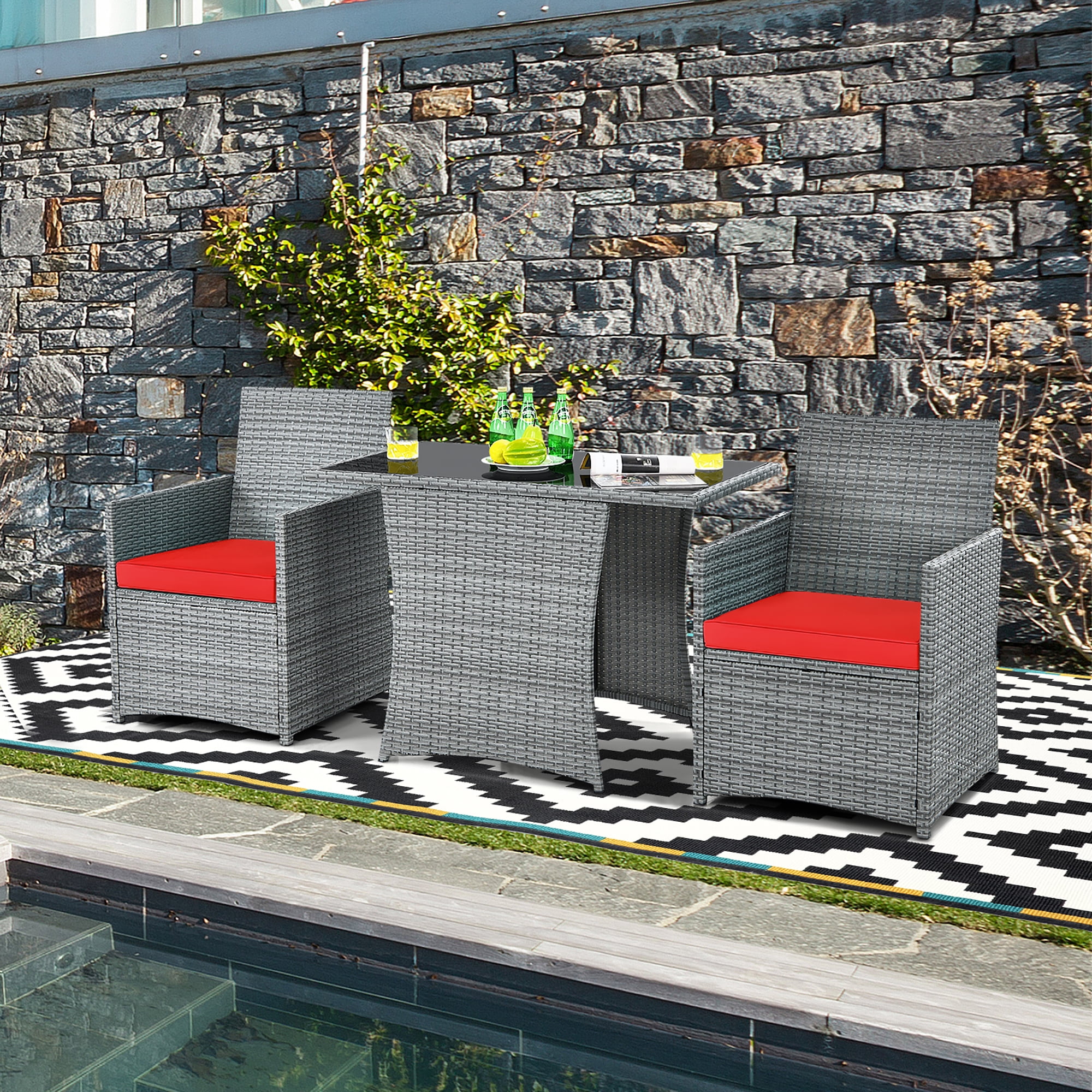 Costway 3PCS Patio Rattan Furniture Set Cushioned Sofa Armrest Garden Red - Image 10