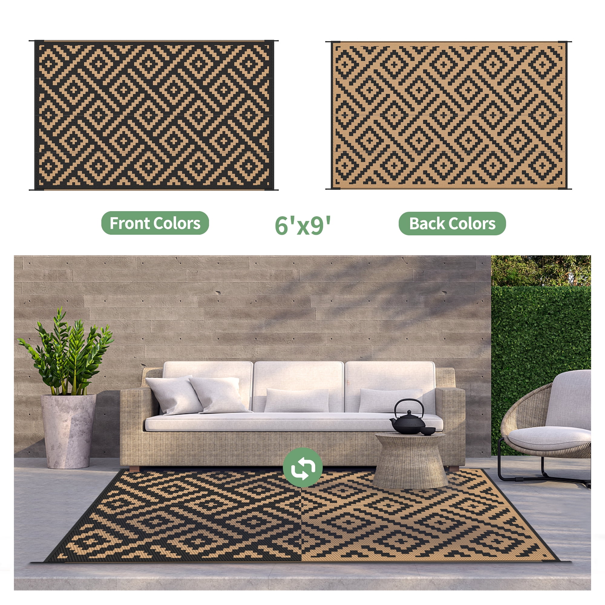 DEORAB Outdoor Rugs Waterproof Plastic Straw Mat 6'x9' Reversible for RV Patio Deck Beach Black & Brown - Image 5