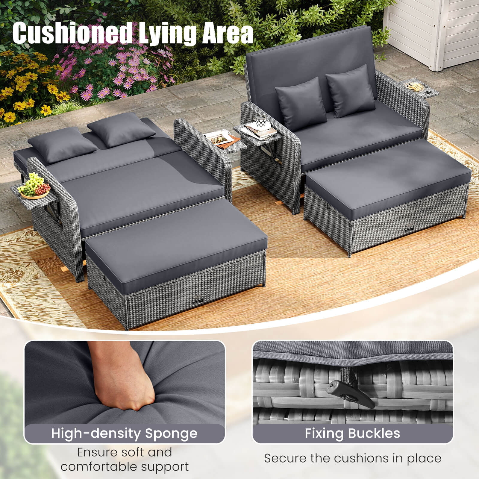 Costway Wicker Outdoor Patio Dining Set with Ottoman and Retractable Side Tray, Gray - Image 7