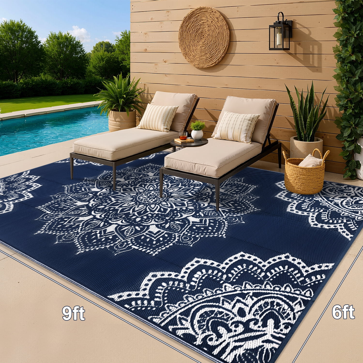 Findosom 6'x9' Outdoor Rug Large Patios Rug RV Outdoor Rug Waterproof Foldable Portable Camping Rugs Reversible Plastic Straw Rug Outdoor Area Rug for Camping, RV, Balcony, Patio, Picnic, Beach Blue - Image 2