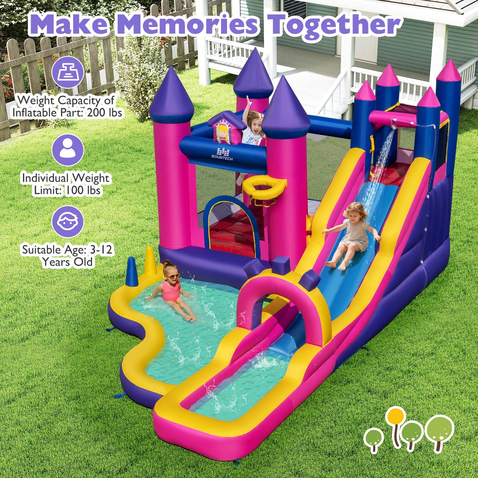 Costway Inflatable Water Slide with Climbing Wall Basketball Hoop Splash Pool 680W Blower - Image 2