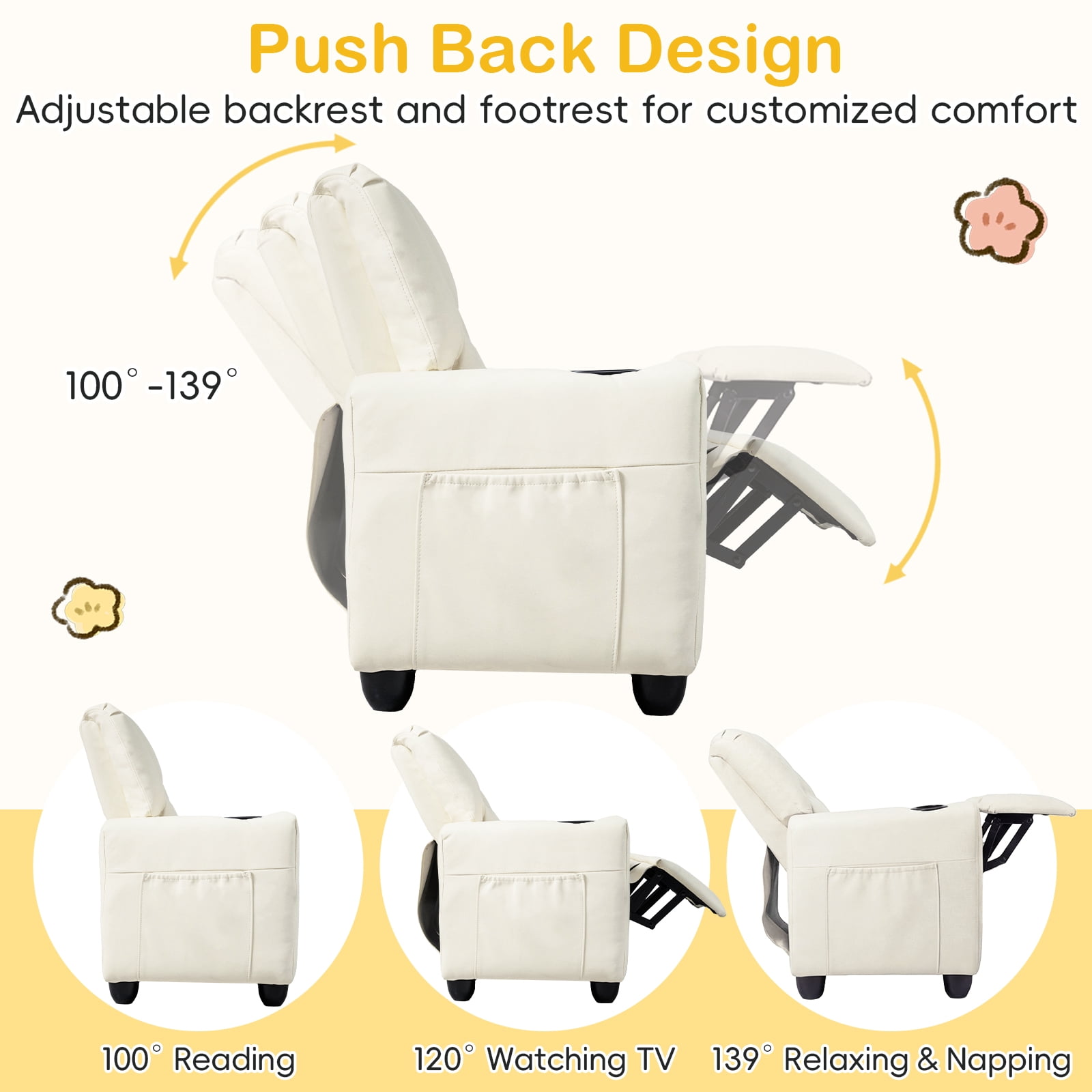 Costway 2-Seater Kids Recliner with Cup Holders Side Storage Pockets Adjustable Backrest Beige - Image 3