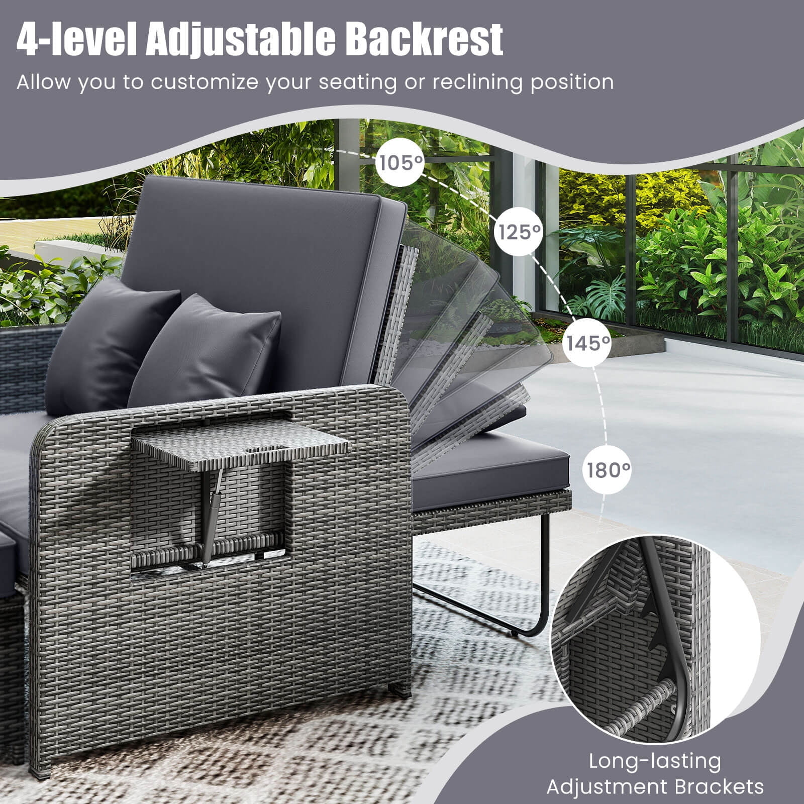Costway Wicker Outdoor Patio Dining Set with Ottoman and Retractable Side Tray, Gray - Image 2