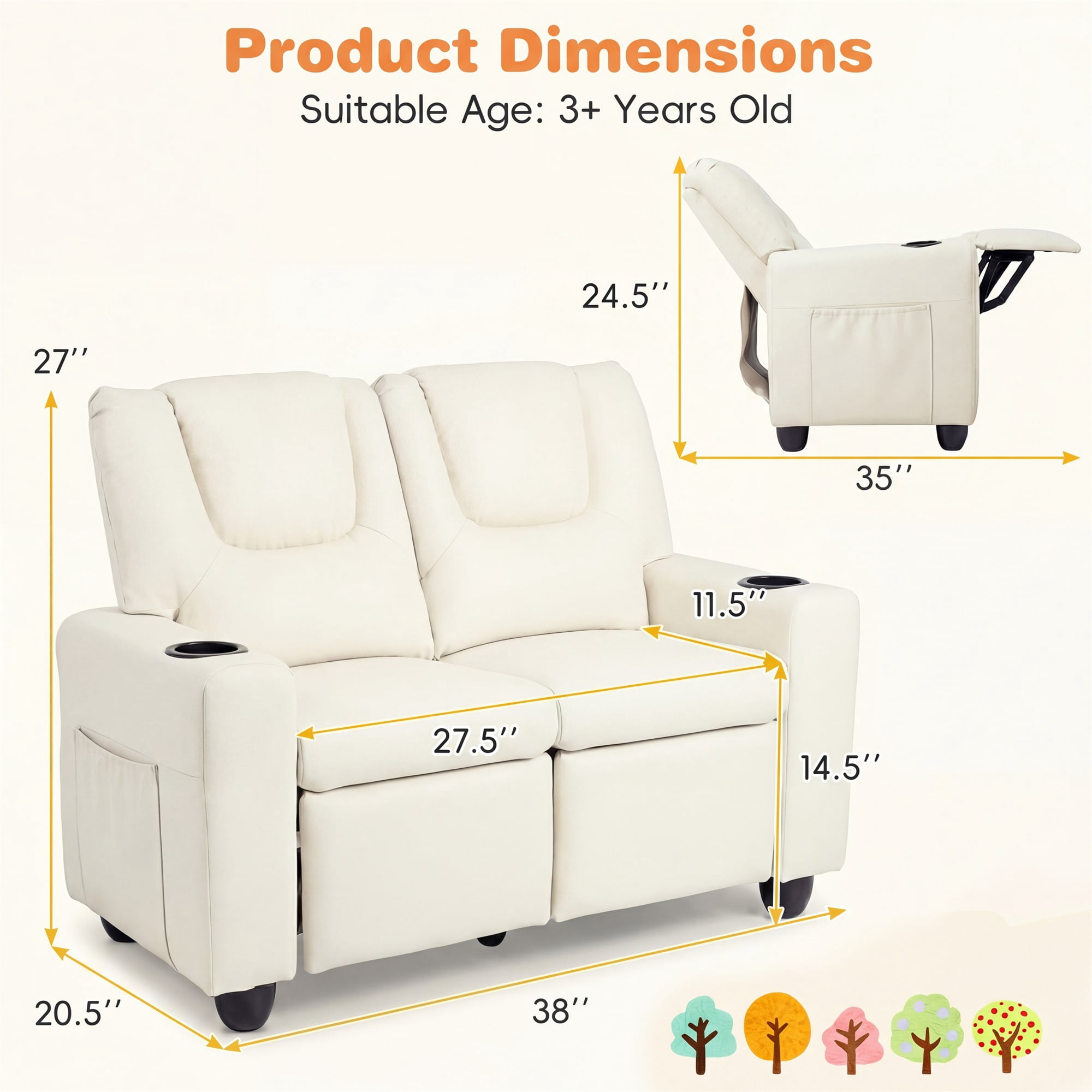 Costway 2-Seater Kids Recliner with Cup Holders Side Storage Pockets Adjustable Backrest Beige - Image 8