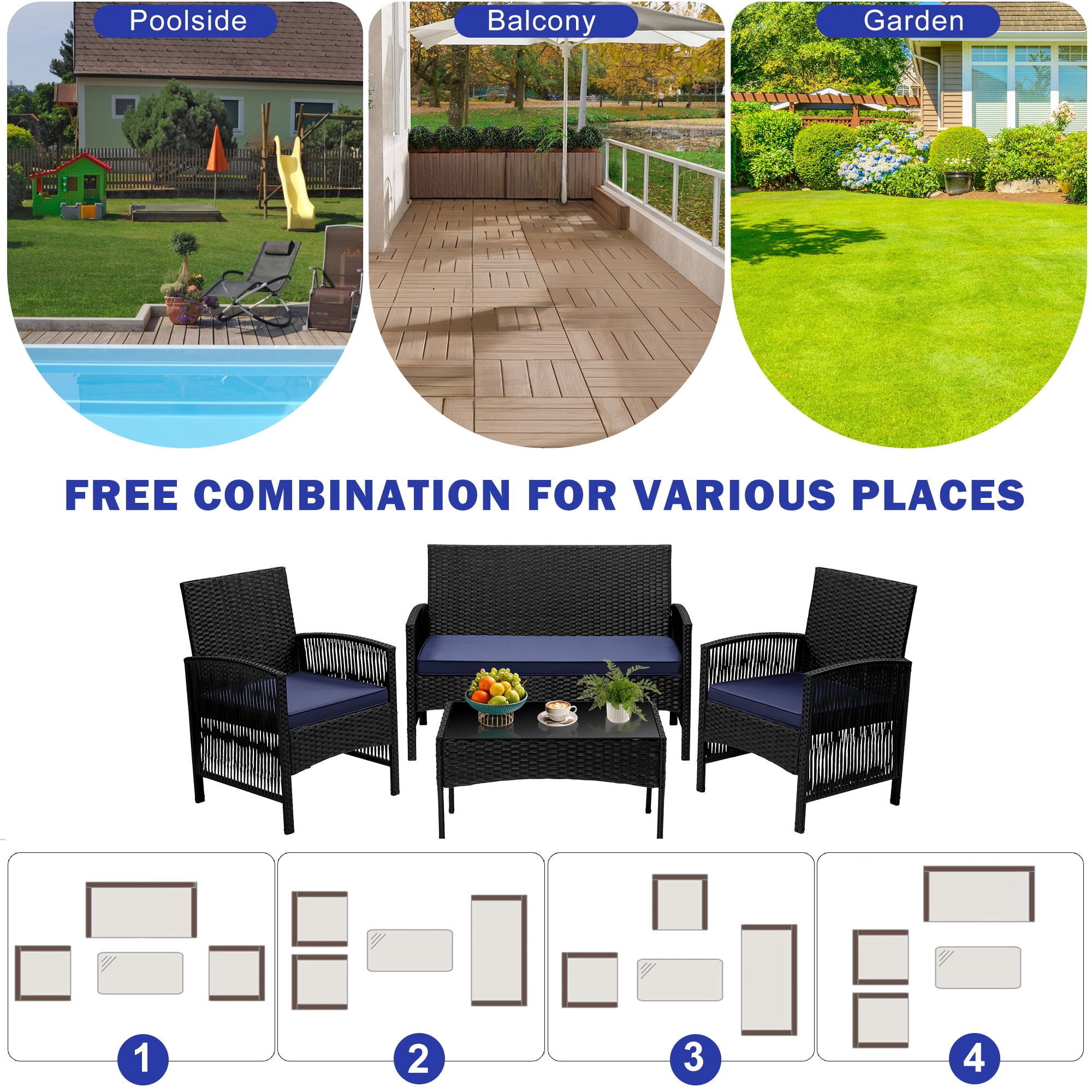 Patio Furniture Set on Sale, 4 Pieces Outdoor Rattan Conversation Sofa Set, All-Weather Wicker Patio Sets, Cushioned Sofa and Coffee Table for Garden Deck Courtyard, Nevy - Image 7