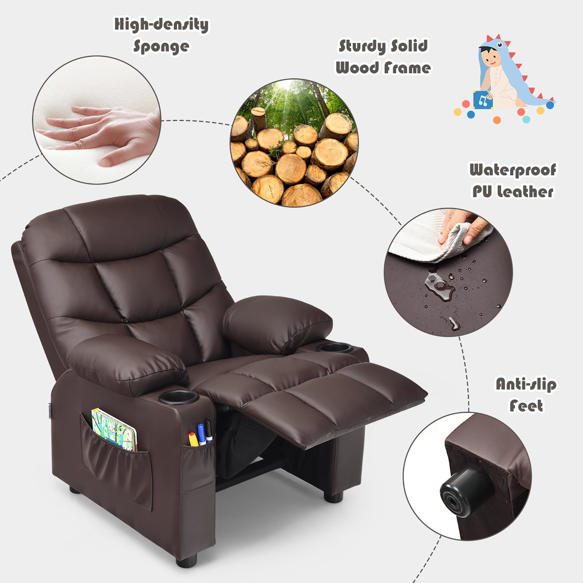 Costway Kids Youth Recliner Chair PU Leather w/Cup Holders & Side Pockets Brown - Image 3