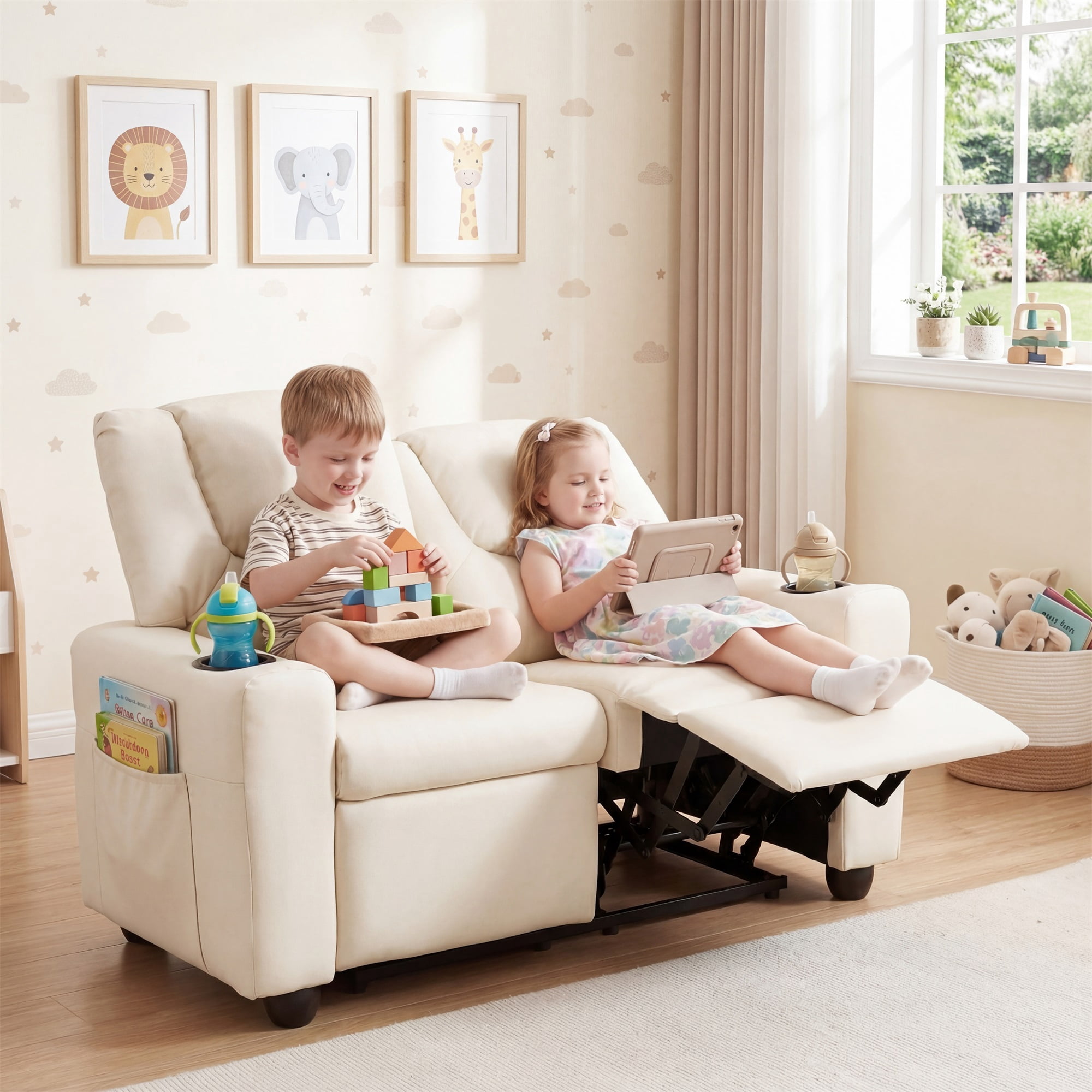 Costway 2-Seater Kids Recliner with Cup Holders Side Storage Pockets Adjustable Backrest Beige - Image 4