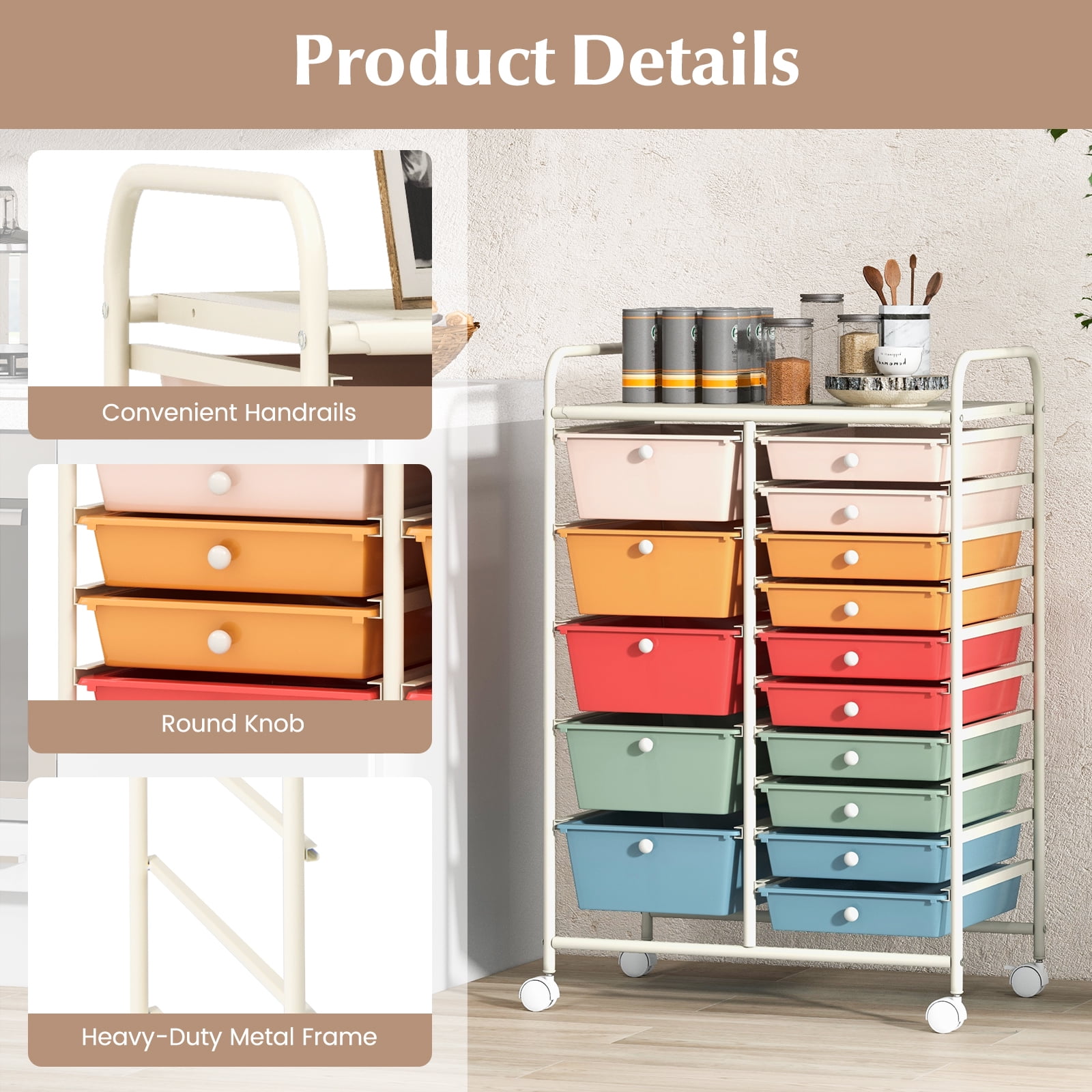 Costway 15 Drawer Art & Craft Rolling Storage Cart Tools Scrapbook Paper Office School Organizer Macaron - Image 10