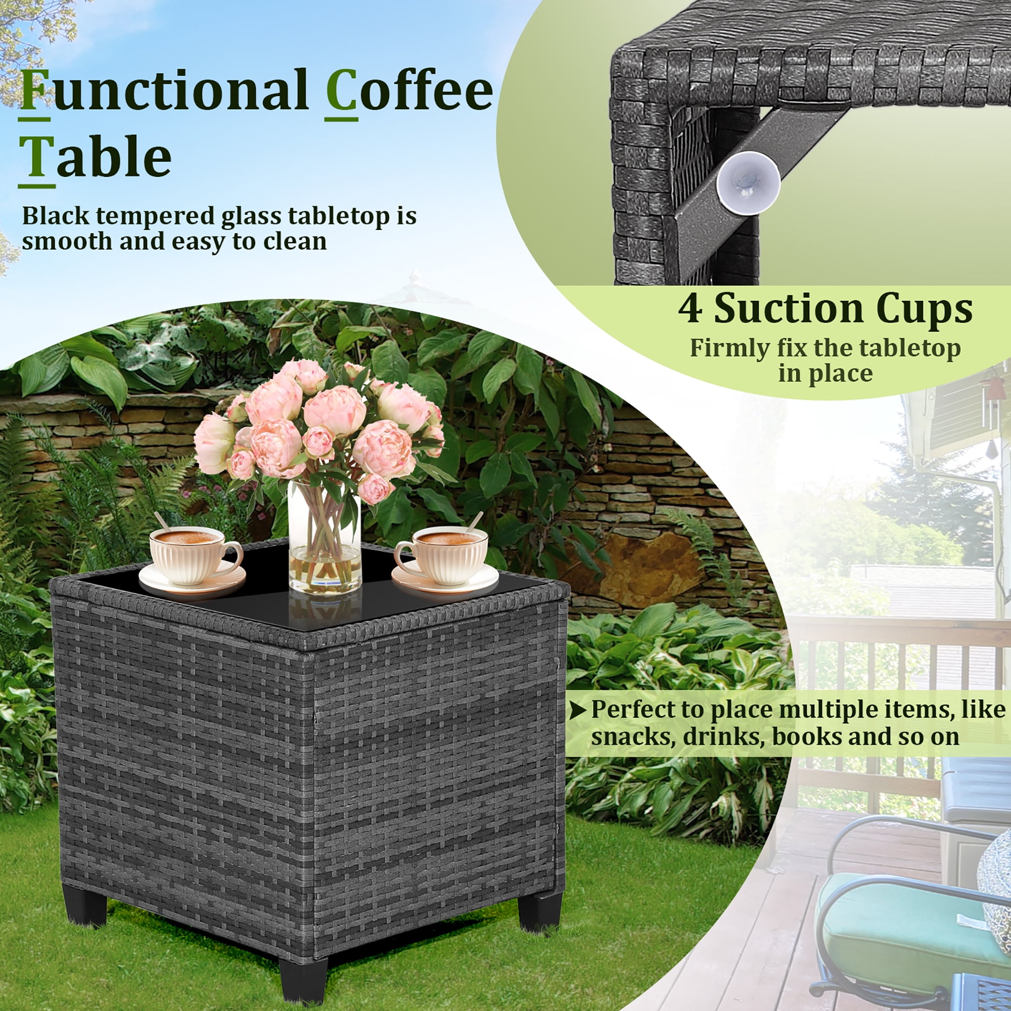 Gymax 3PCS Patio Rattan Sofa Set Outdoor Wicker Conversation Set Glass Tabletop w/ Grey Cushion - Image 3
