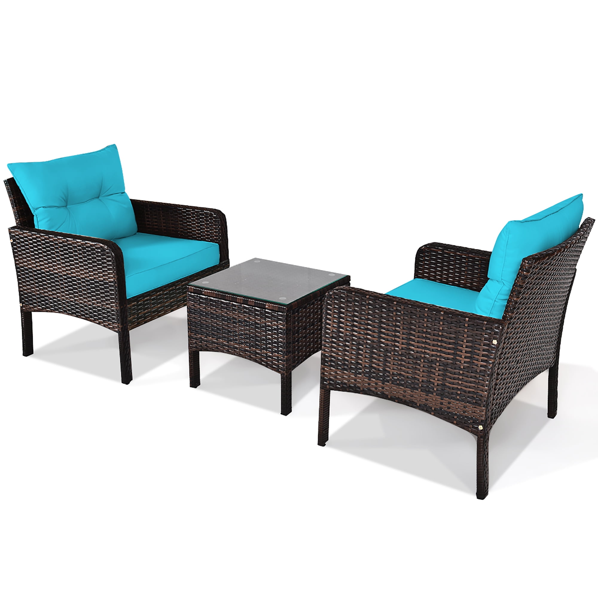 Costway 3PCS Outdoor Rattan Conversation Set Patio Garden Cushioned Sofa Chair Turquoise - Image 5