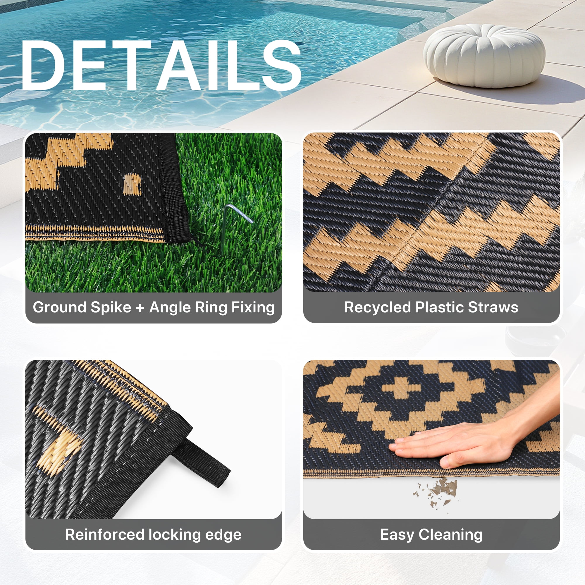 DEORAB Outdoor Rugs Waterproof Plastic Straw Mat 6'x9' Reversible for RV Patio Deck Beach Black & Brown - Image 2
