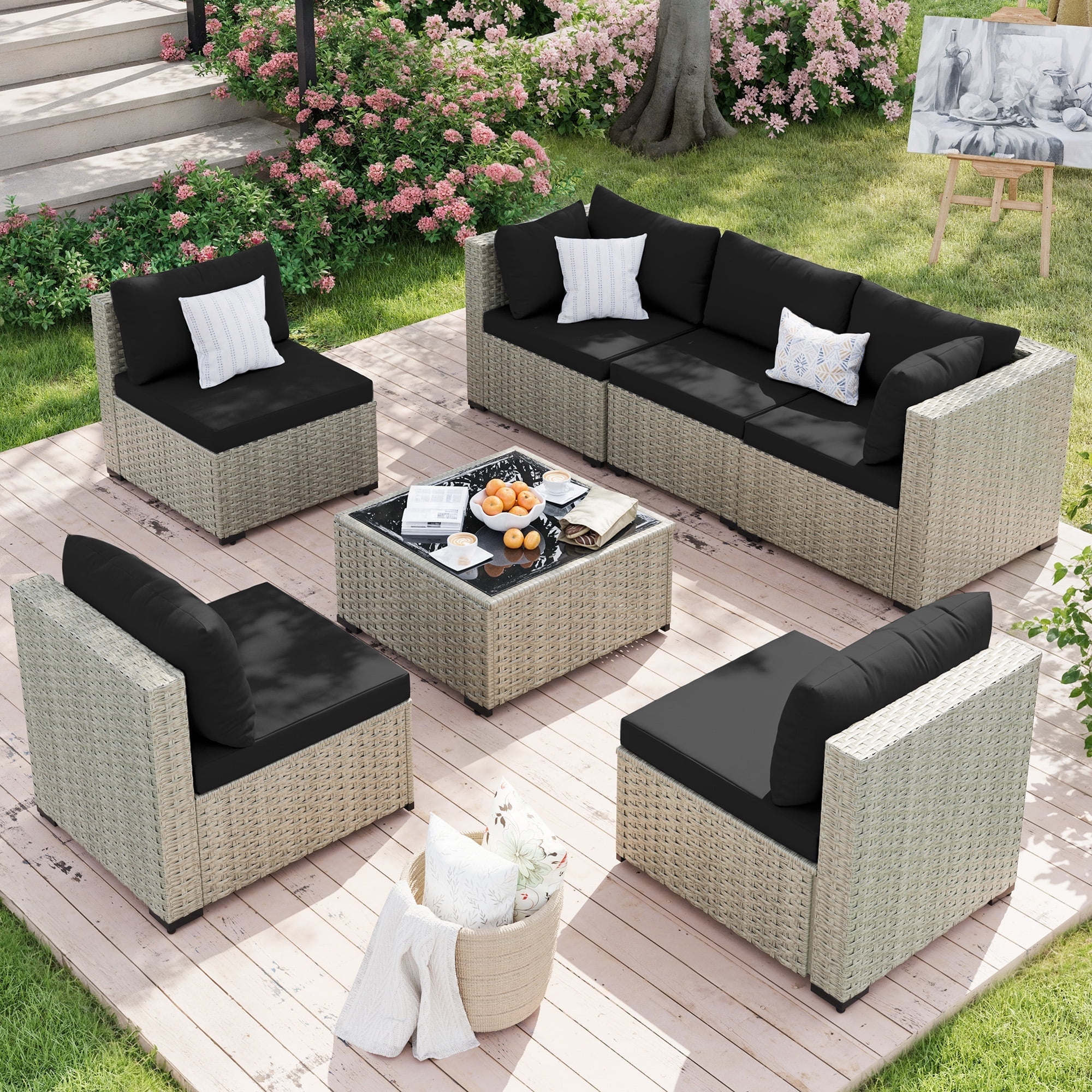 Amopatio 7 Pieces Patio Conversation Set, Outdoor Sectional PE Rattan Wicker Furniture Seat,BLACK - Image 2