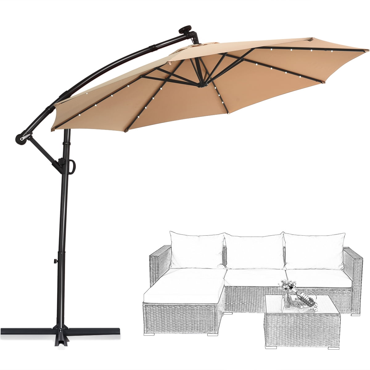 Costway 10FT Patio Umbrella Solar Powered LED 360degrees Rotation Beige - Image 6