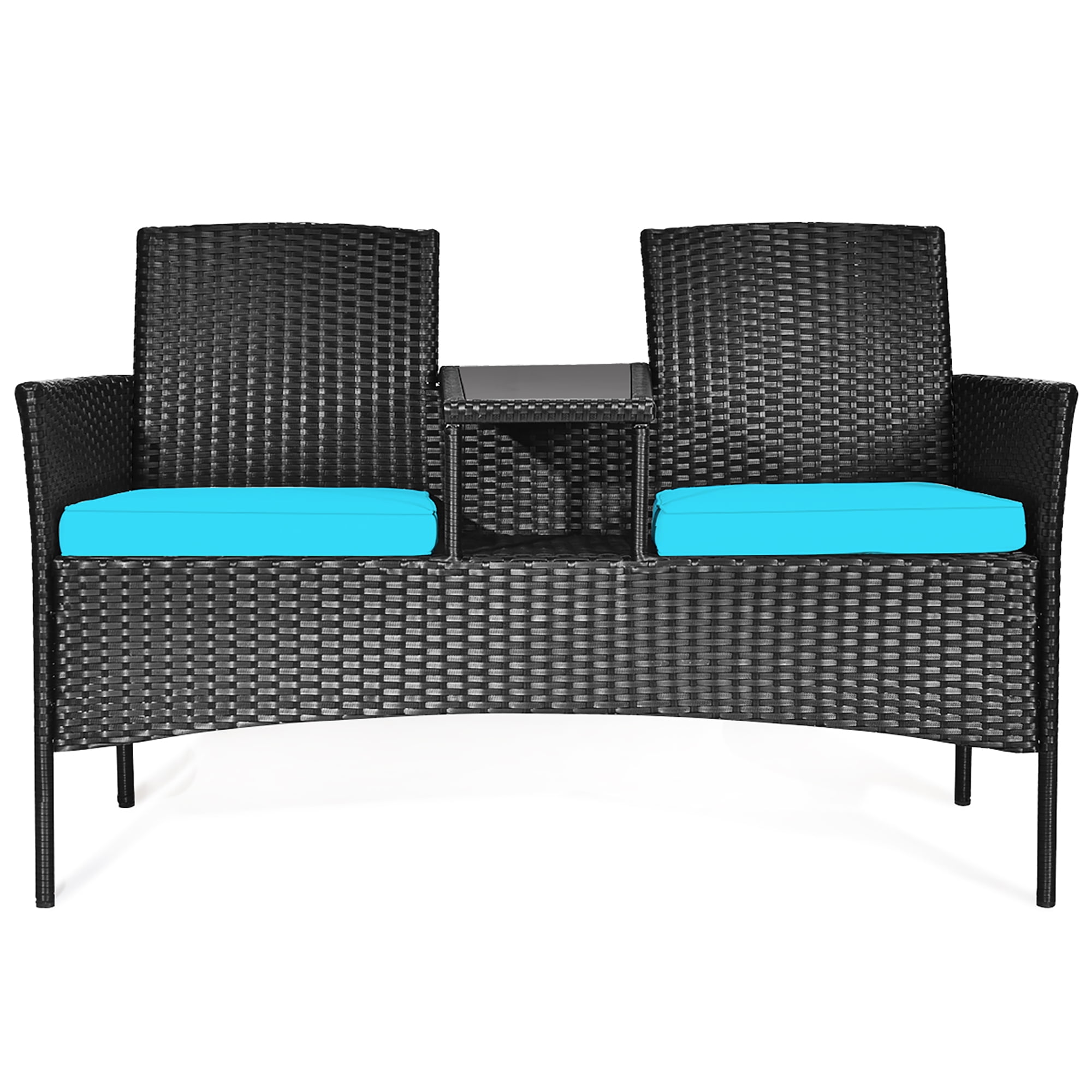 Costway Patio Rattan Conversation Set Seat Sofa Cushioned Loveseat Chairs Turquoise - Image 7