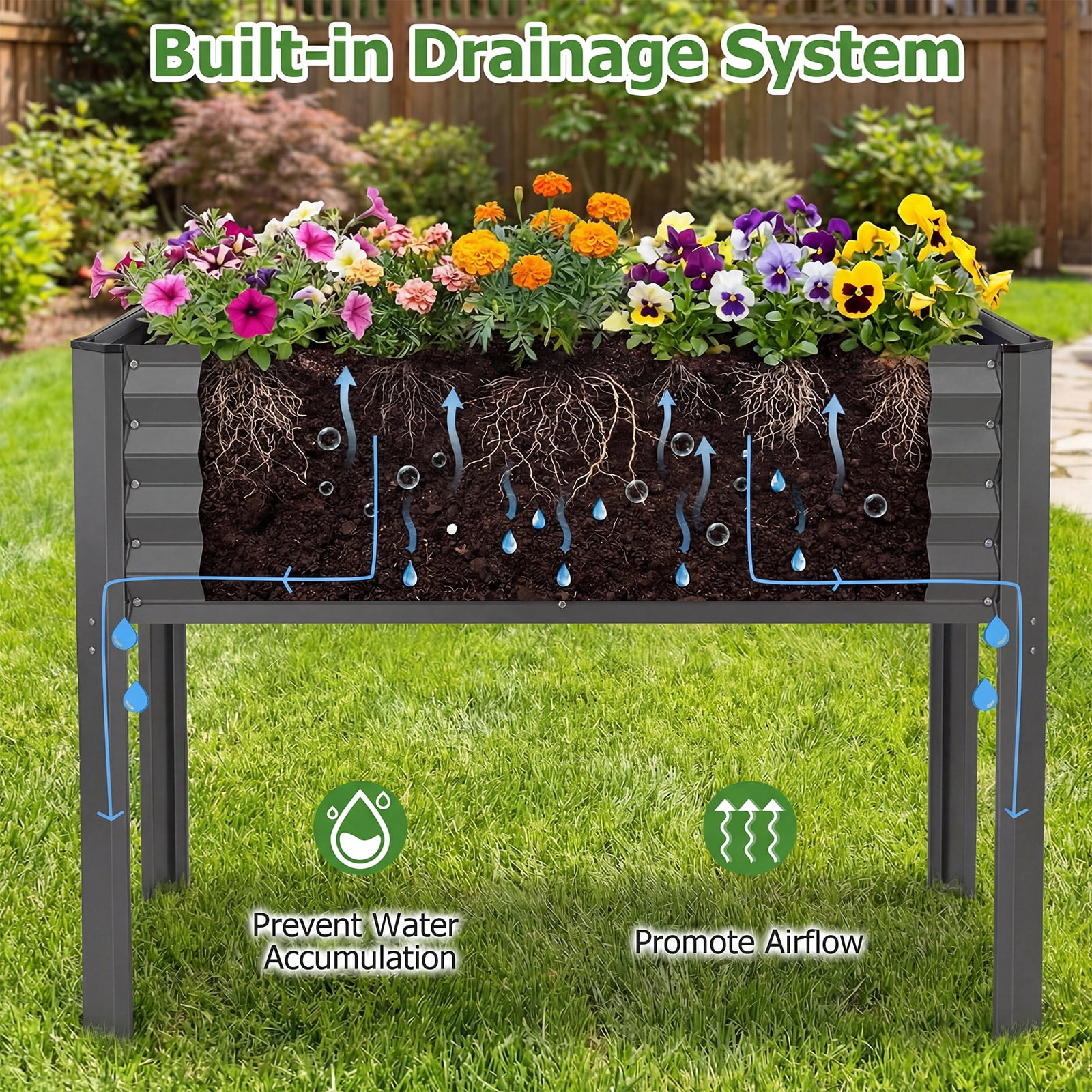 Costway 1 PCS Galvanized Raised Garden Bed with Legs, Metal Elevated Planter Box for Vegetables Gray - Image 4