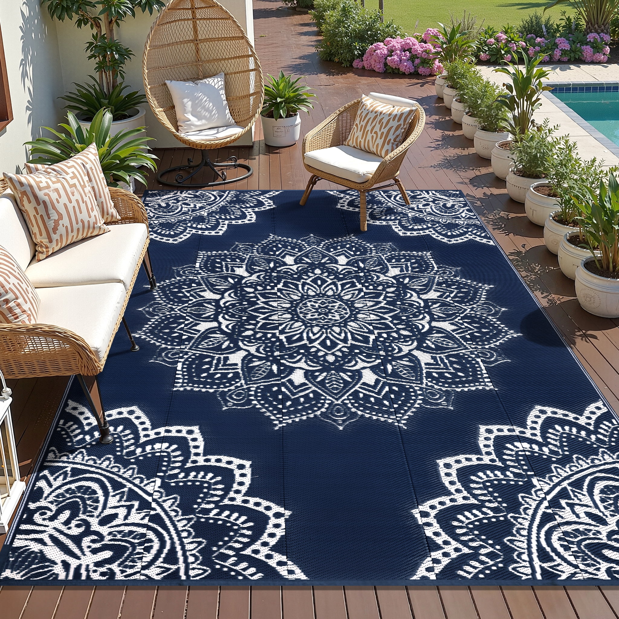 Findosom 6'x9' Outdoor Rug Large Patios Rug RV Outdoor Rug Waterproof Foldable Portable Camping Rugs Reversible Plastic Straw Rug Outdoor Area Rug for Camping, RV, Balcony, Patio, Picnic, Beach Blue - Image 5
