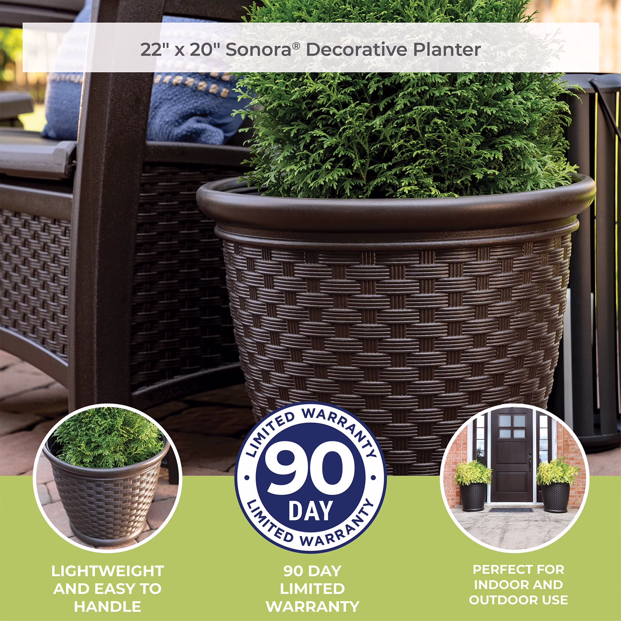 Suncast Sonora 22 Inch Resin Wicker Decorative Garden Flower Planter, Brown - Image 6