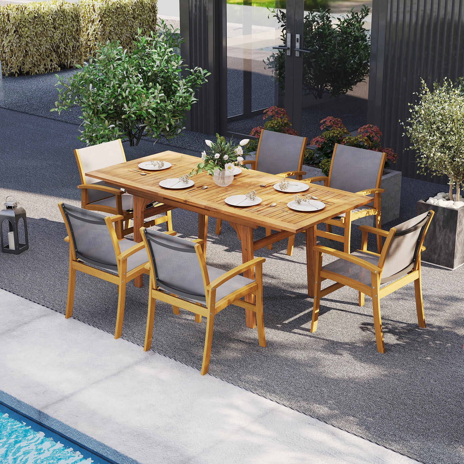 Costway 9 PCS Acacia Wood Outdoor Dining Set for 6-8 with 1.97 Natural + Gray - Image 2