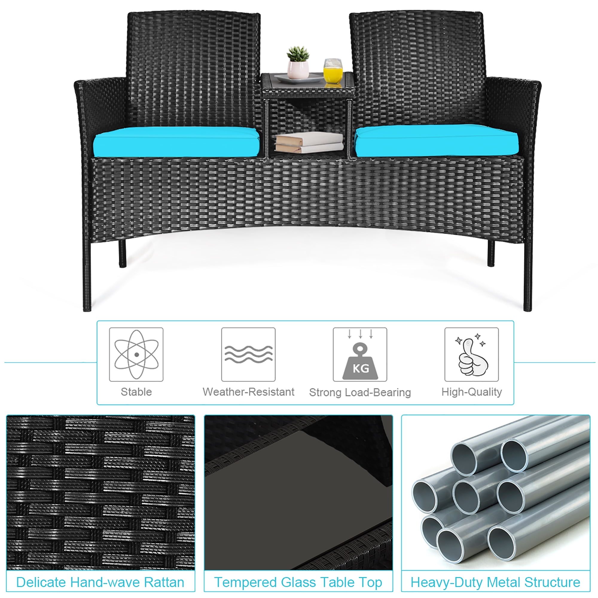 Costway Patio Rattan Conversation Set Seat Sofa Cushioned Loveseat Chairs Turquoise - Image 11