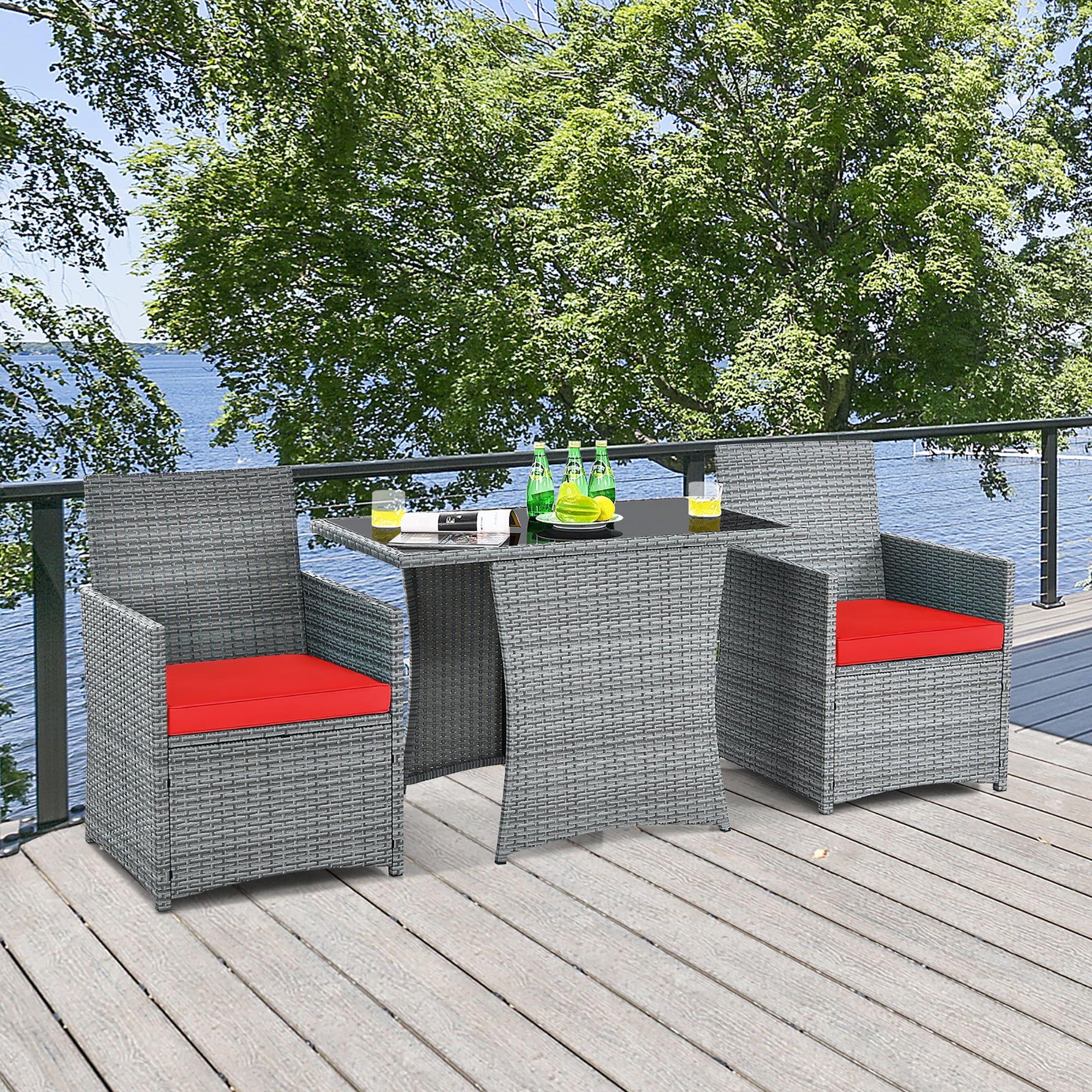 Costway 3PCS Patio Rattan Furniture Set Cushioned Sofa Armrest Garden Red - Image 11