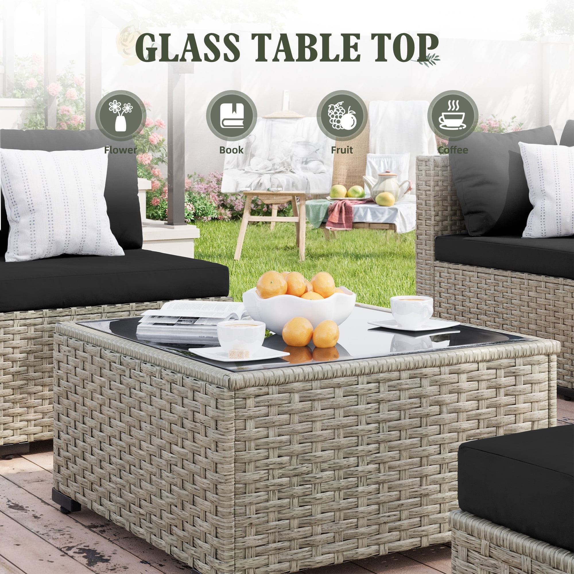 Amopatio 7 Pieces Patio Conversation Set, Outdoor Sectional PE Rattan Wicker Furniture Seat,BLACK - Image 4