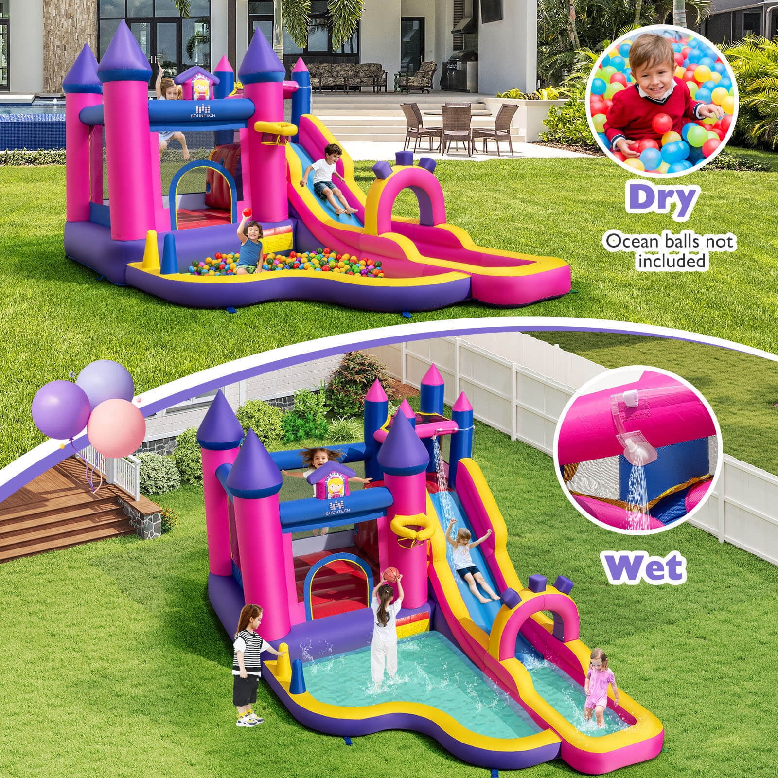 Costway Inflatable Water Slide with Climbing Wall Basketball Hoop Splash Pool 680W Blower - Image 8