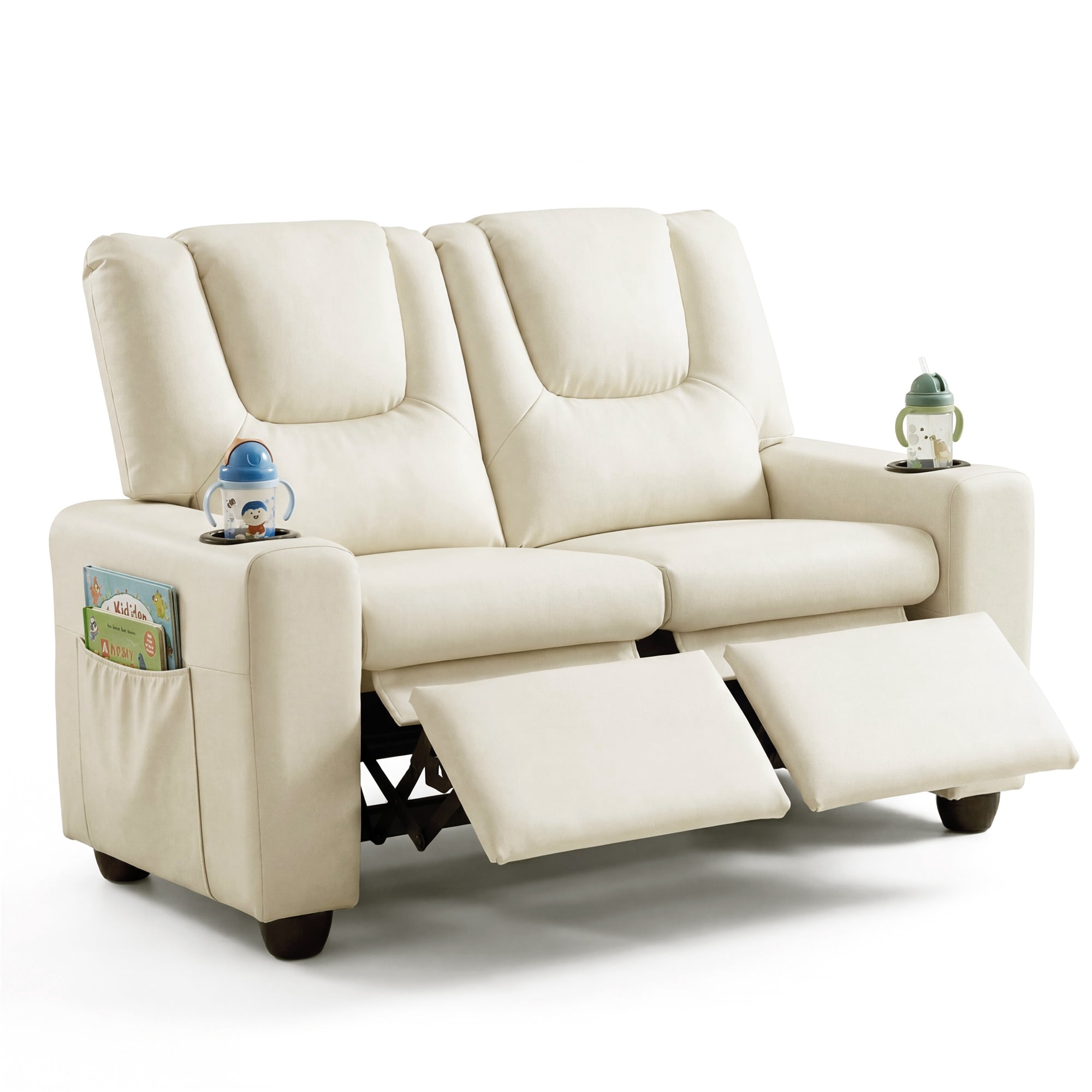 Costway 2-Seater Kids Recliner with Cup Holders Side Storage Pockets Adjustable Backrest Beige - Image 6