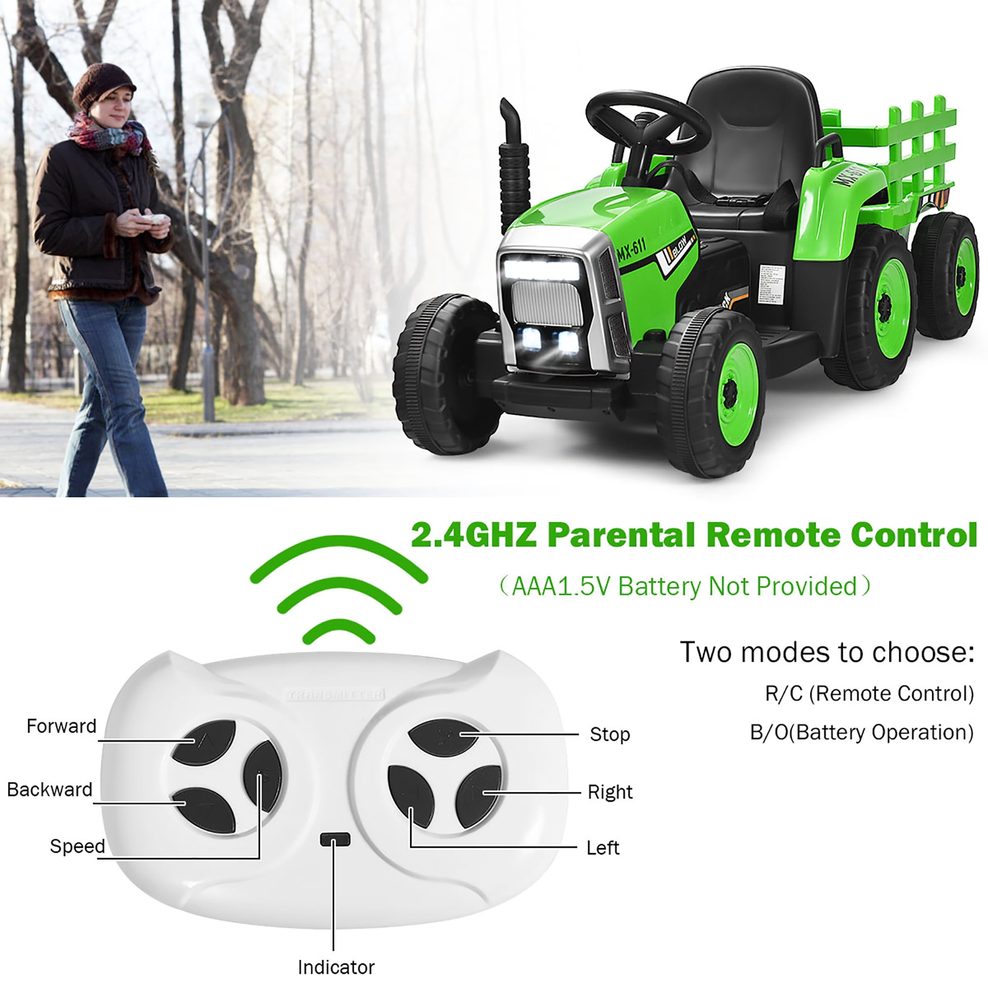 Costway 12V Kids Ride On Tractor with Trailer Ground Loader w/Remote Control &LED Lights Green - Image 10