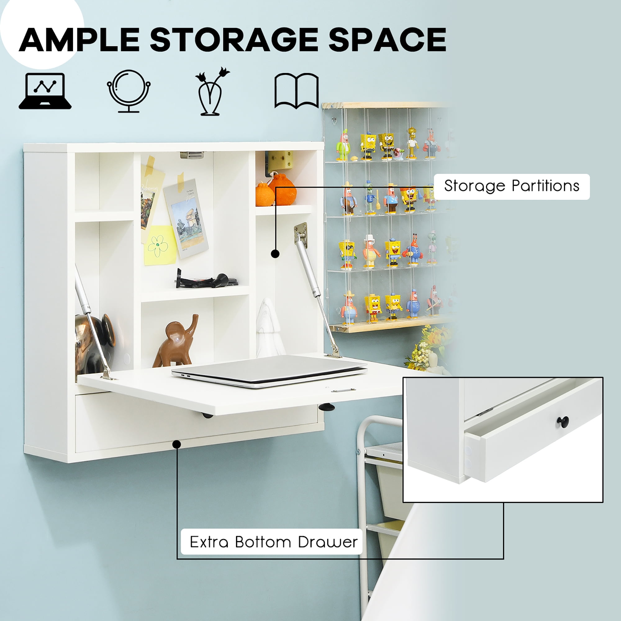 Costway Wall-Mount Floating Desk Foldable Space Saving Laptop Workstation White - Image 7
