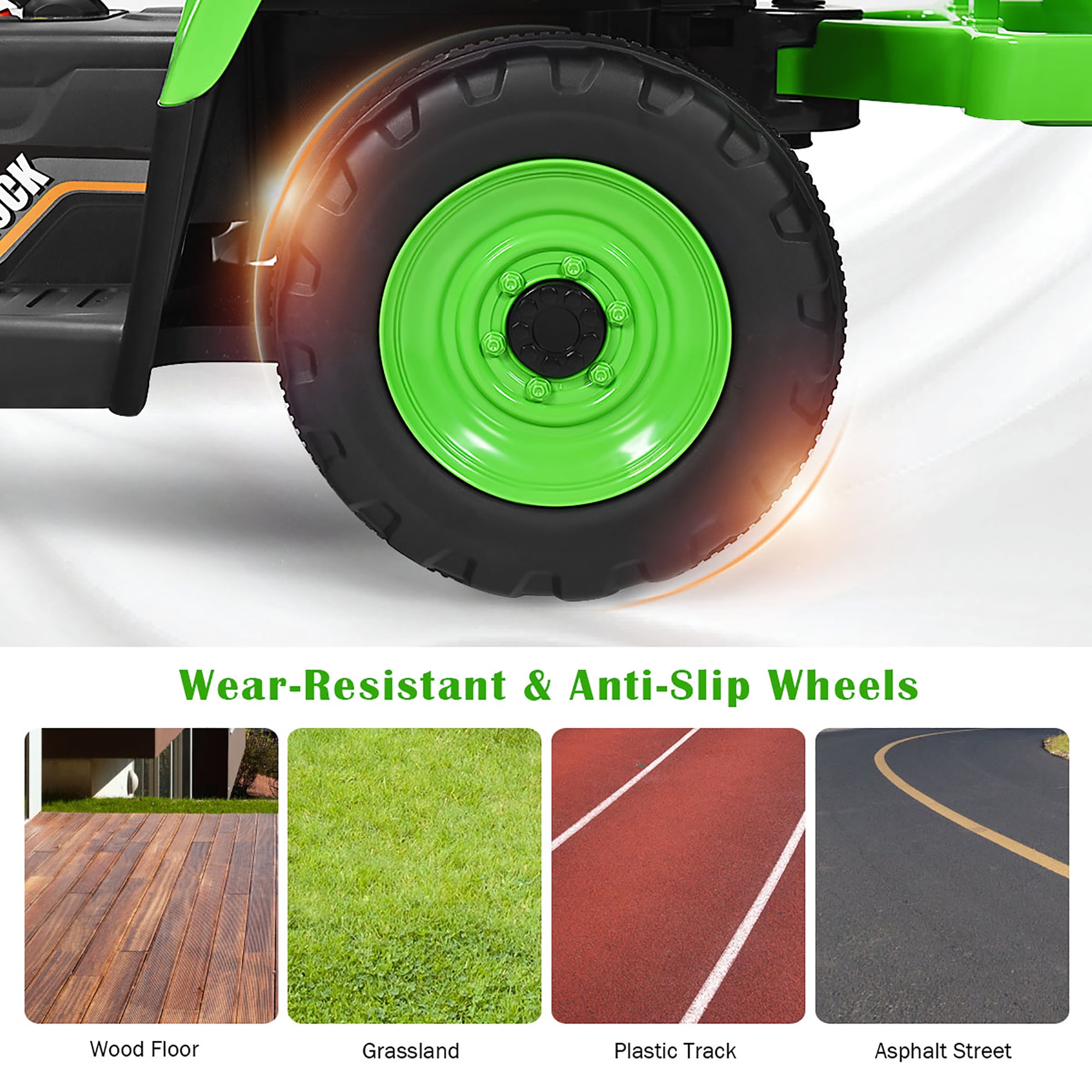 Costway 12V Kids Ride On Tractor with Trailer Ground Loader w/Remote Control &LED Lights Green - Image 3