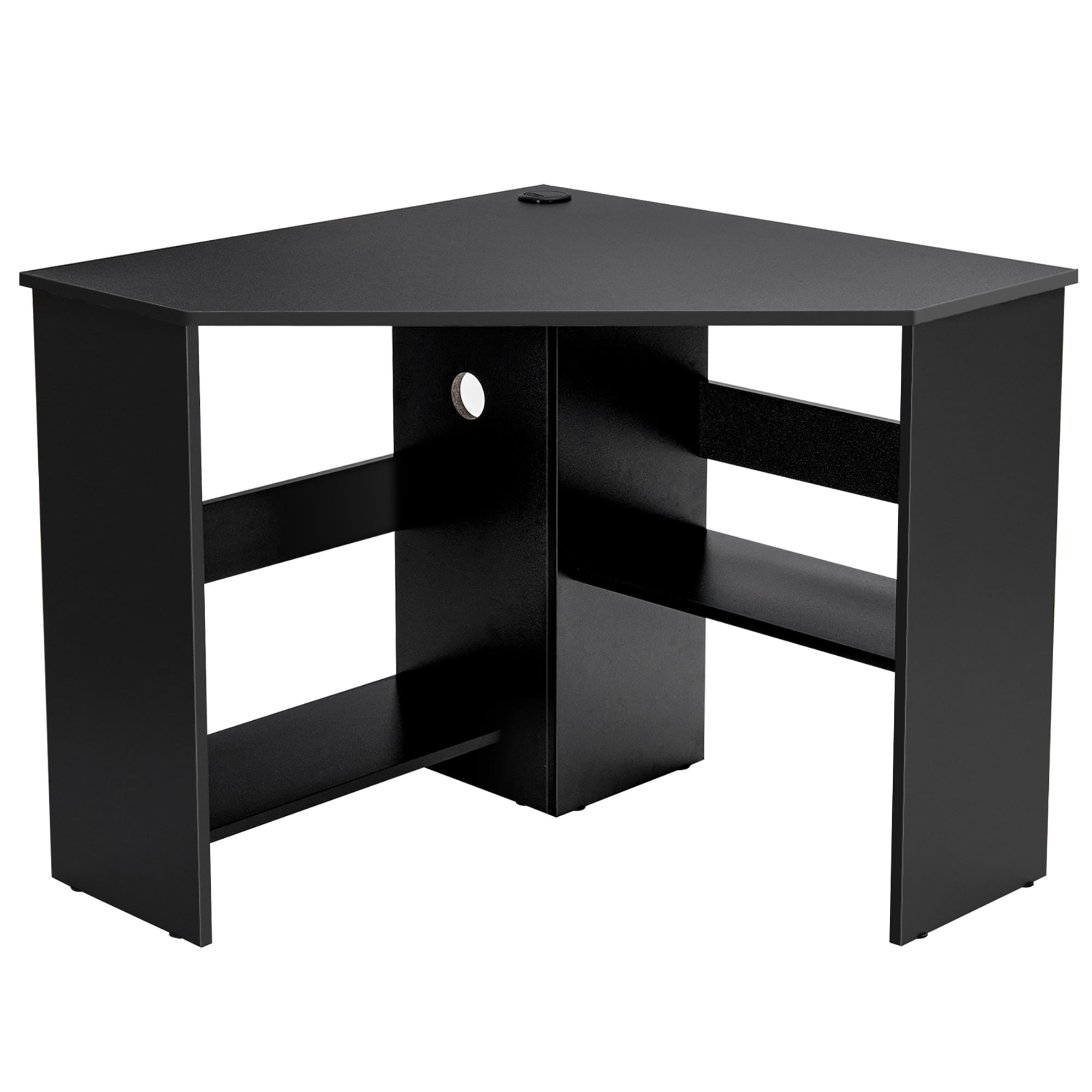 Costway Corner Computer Desk Triangle Writing Workstation w/ Storage Shelf Black - Image 2