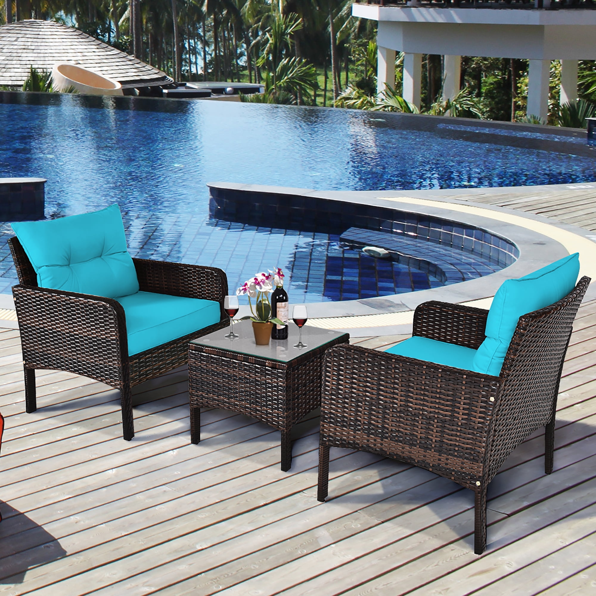 Costway 3PCS Outdoor Rattan Conversation Set Patio Garden Cushioned Sofa Chair Turquoise - Image 11