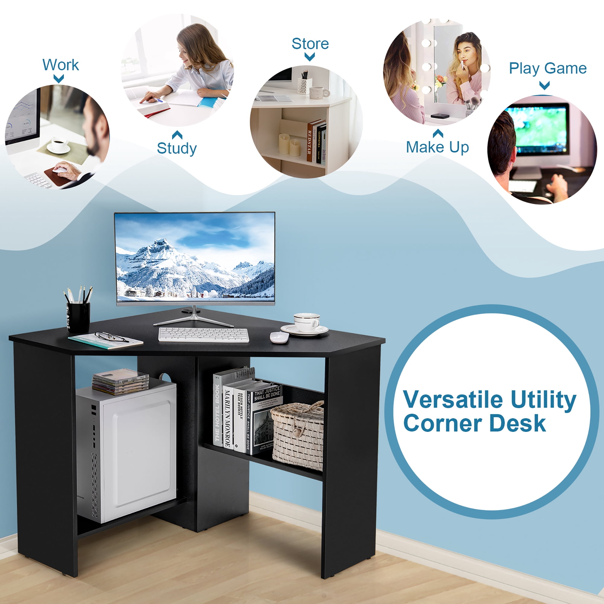 Costway Corner Computer Desk Triangle Writing Workstation w/ Storage Shelf Black - Image 6