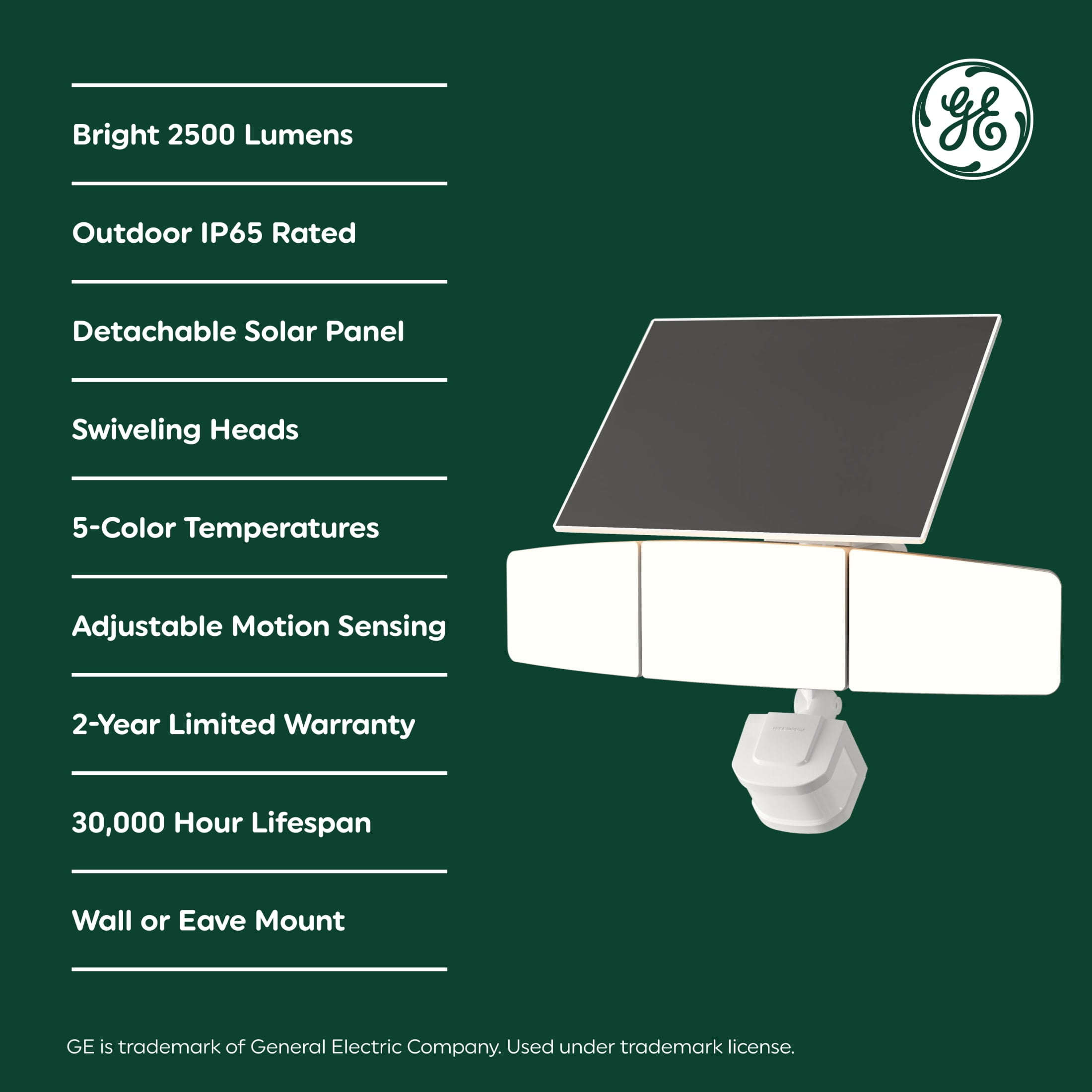 GE Outdoor Security Flood Lights, Adjustable 3-Head Light with Motion & Dusk to Dawn Sensor, Solar Light, 2500 Lumens - Image 6