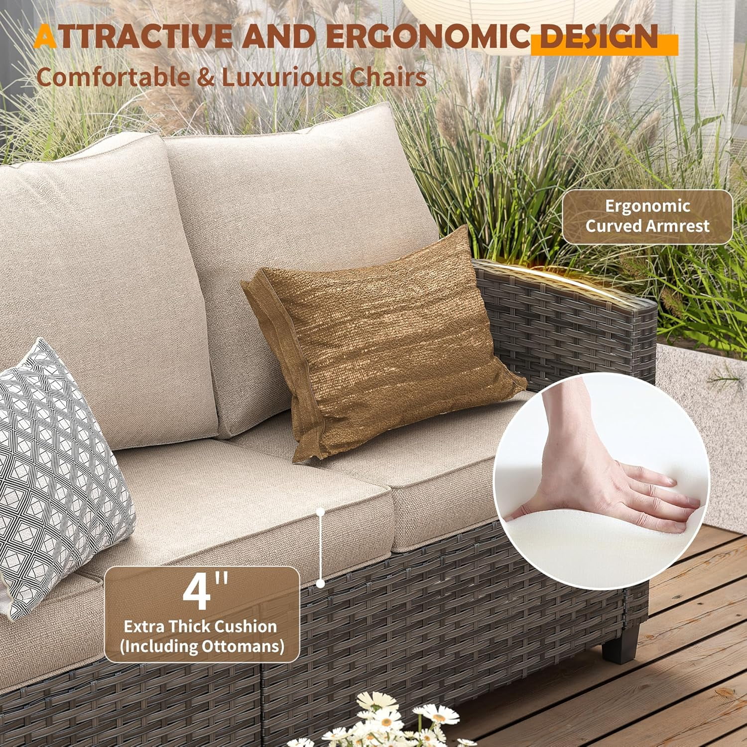 ELPOSUN Patio Furniture Set, 6 Pieces Outdoor Patio Set, All-Weather Wicker Rattan Outdoor Furniture Set with Swivel Chairs for Poolside, Backyard, Gray Wicker Khaki Cushions - Image 11