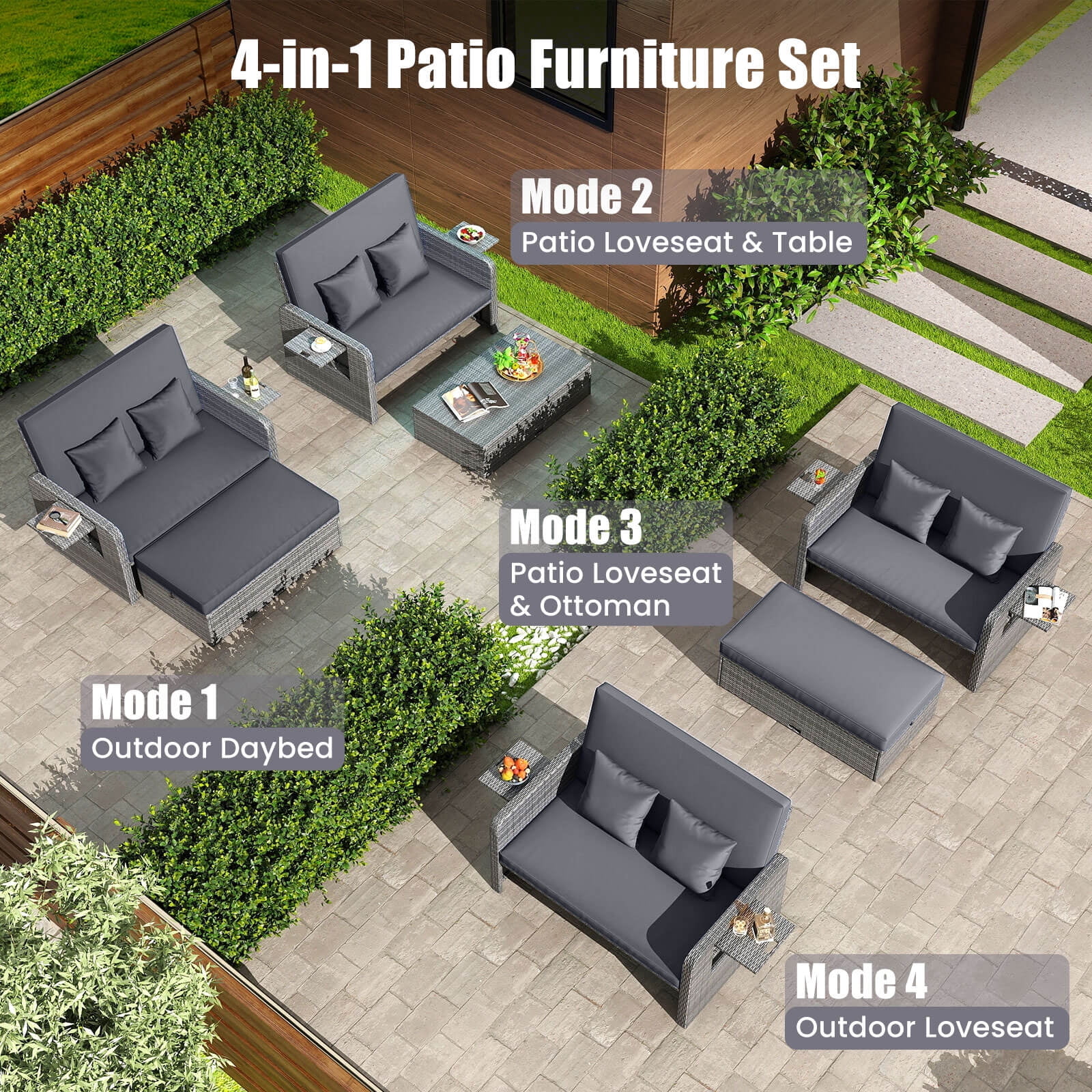 Costway Wicker Outdoor Patio Dining Set with Ottoman and Retractable Side Tray, Gray - Image 3